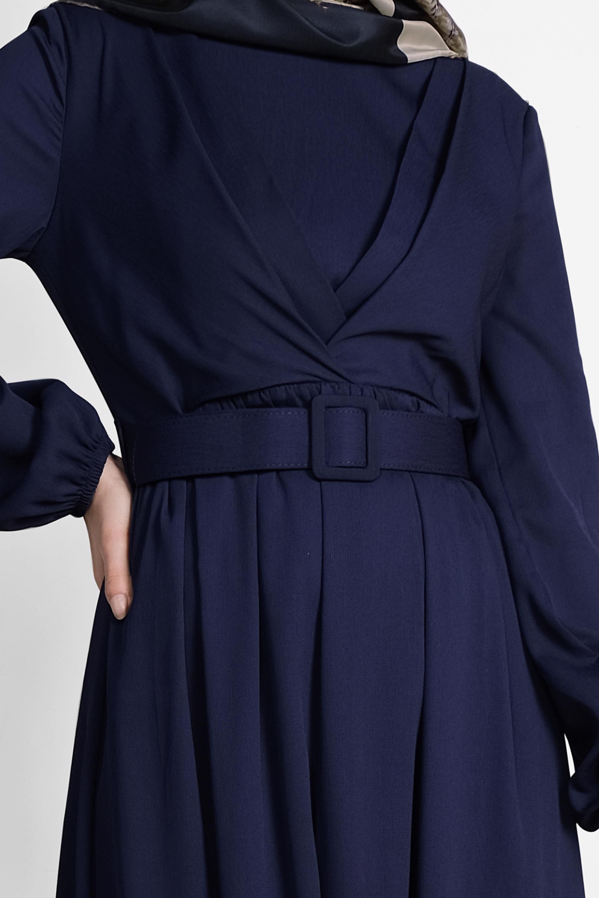 Tesettür giyim LACİVERT BELDEN KEMERLİ UZUN ELBİSE 4169