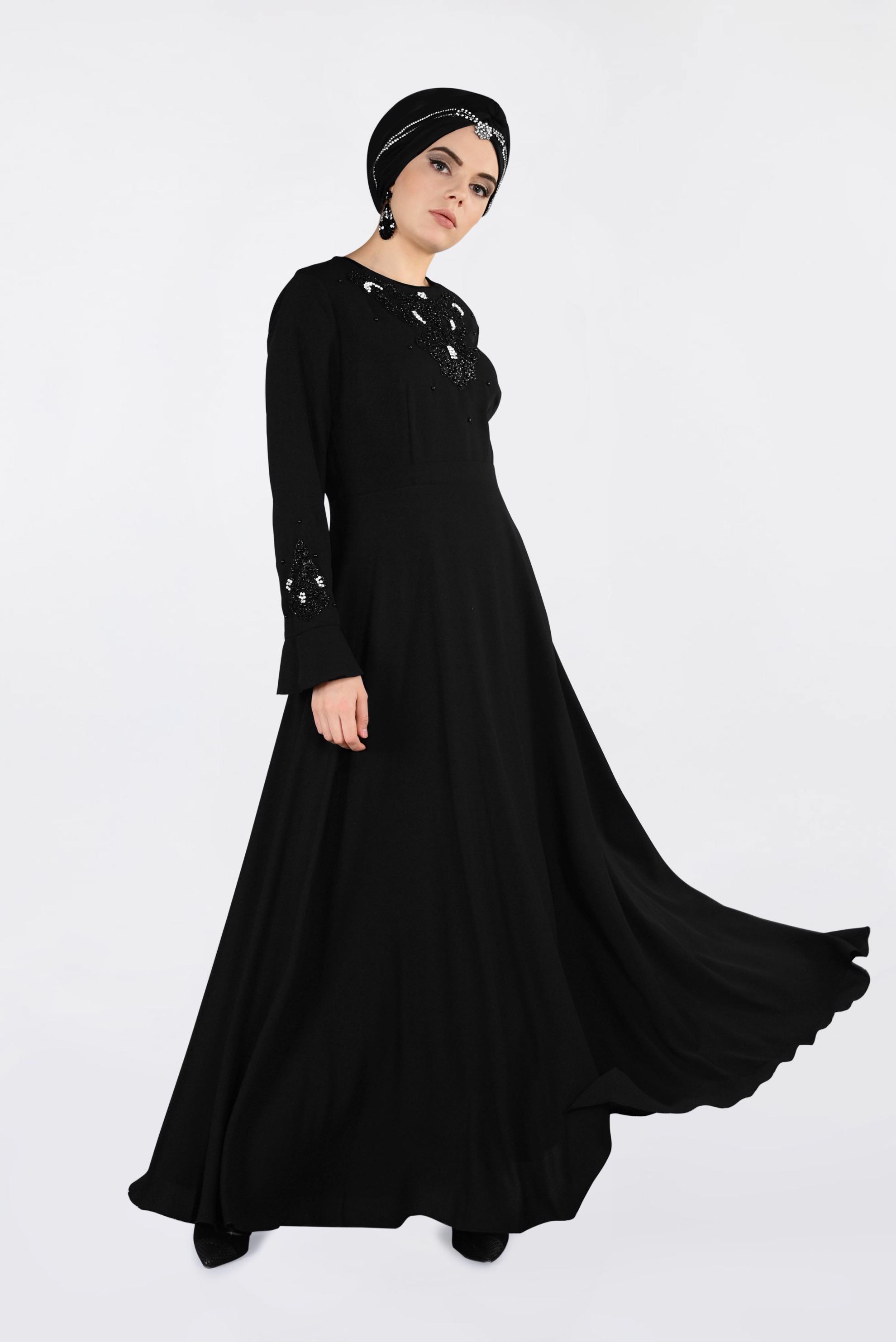Tesettür giyim SİYAH TAŞ VE BONCUK İŞLEMELİ ABİYE ELBİSE 4220