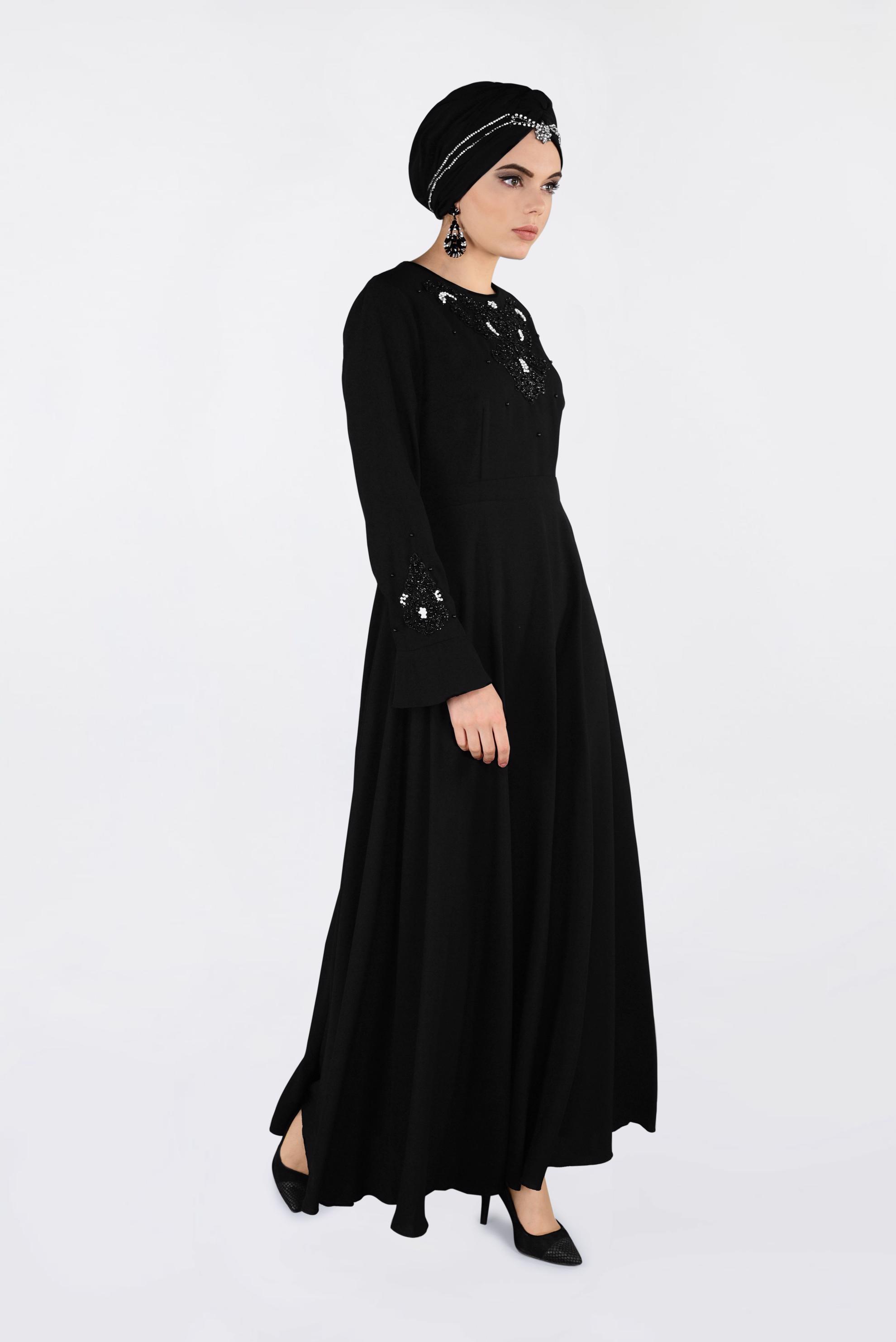 Tesettür giyim SİYAH TAŞ VE BONCUK İŞLEMELİ ABİYE ELBİSE 4220