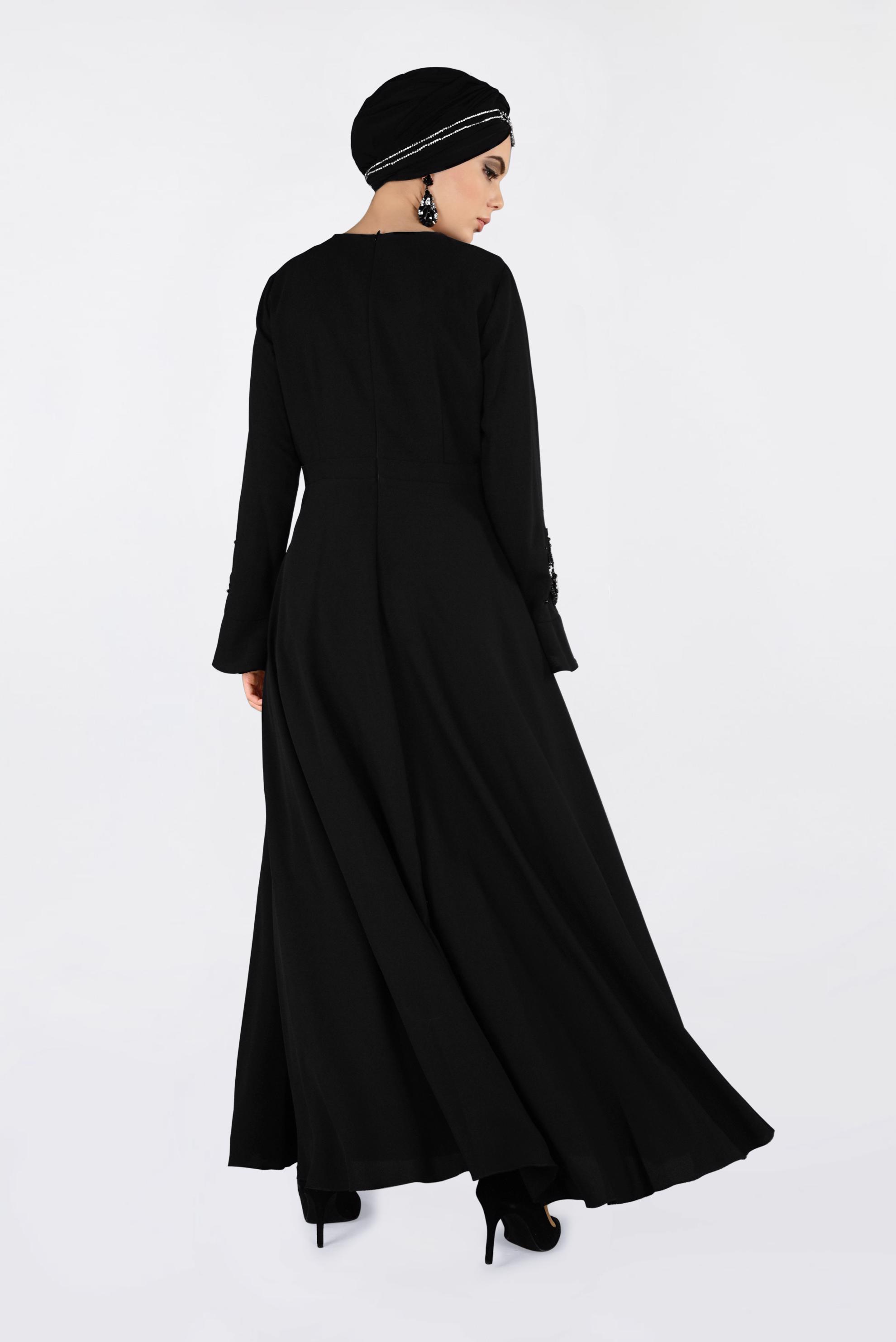 Tesettür giyim SİYAH TAŞ VE BONCUK İŞLEMELİ ABİYE ELBİSE 4220