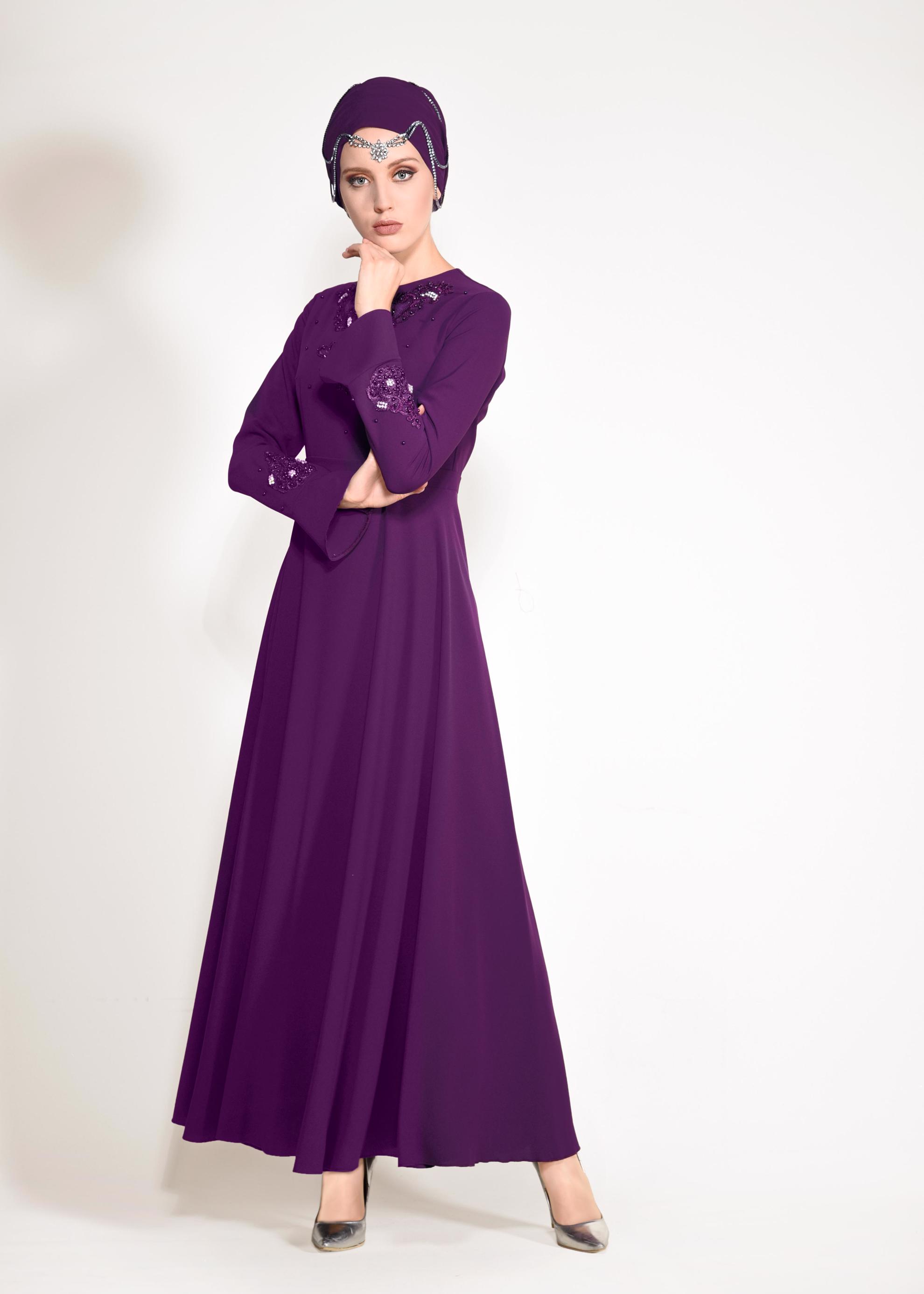 Tesettür giyim MÜRDÜM TAŞ VE BONCUK İŞLEMELİ ABİYE ELBİSE 4220