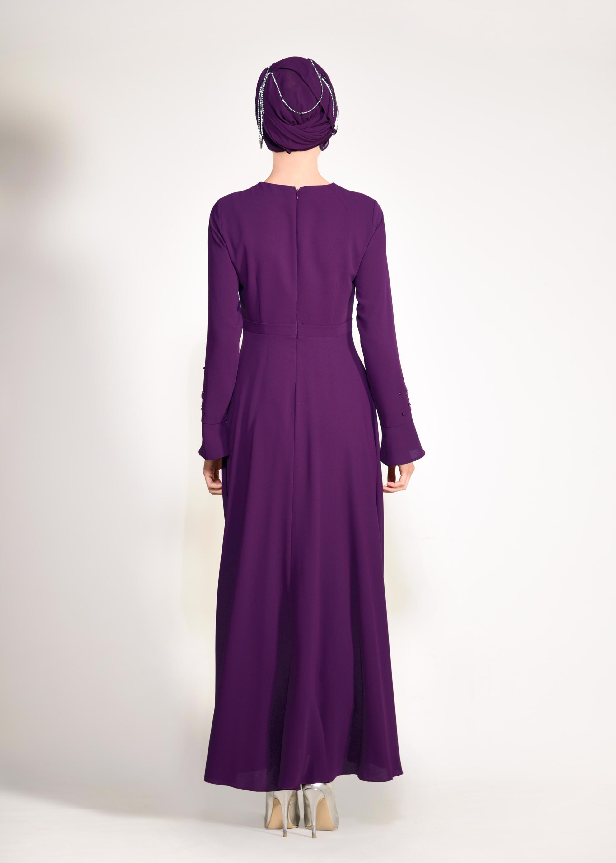 Tesettür giyim MÜRDÜM TAŞ VE BONCUK İŞLEMELİ ABİYE ELBİSE 4220