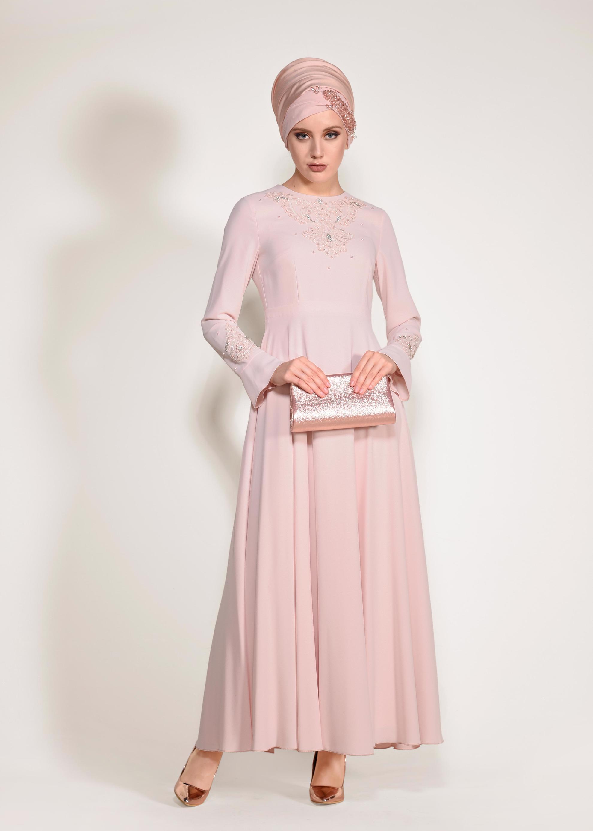 Tesettür giyim PUDRA  TAŞ VE BONCUK İŞLEMELİ ABİYE ELBİSE 4220