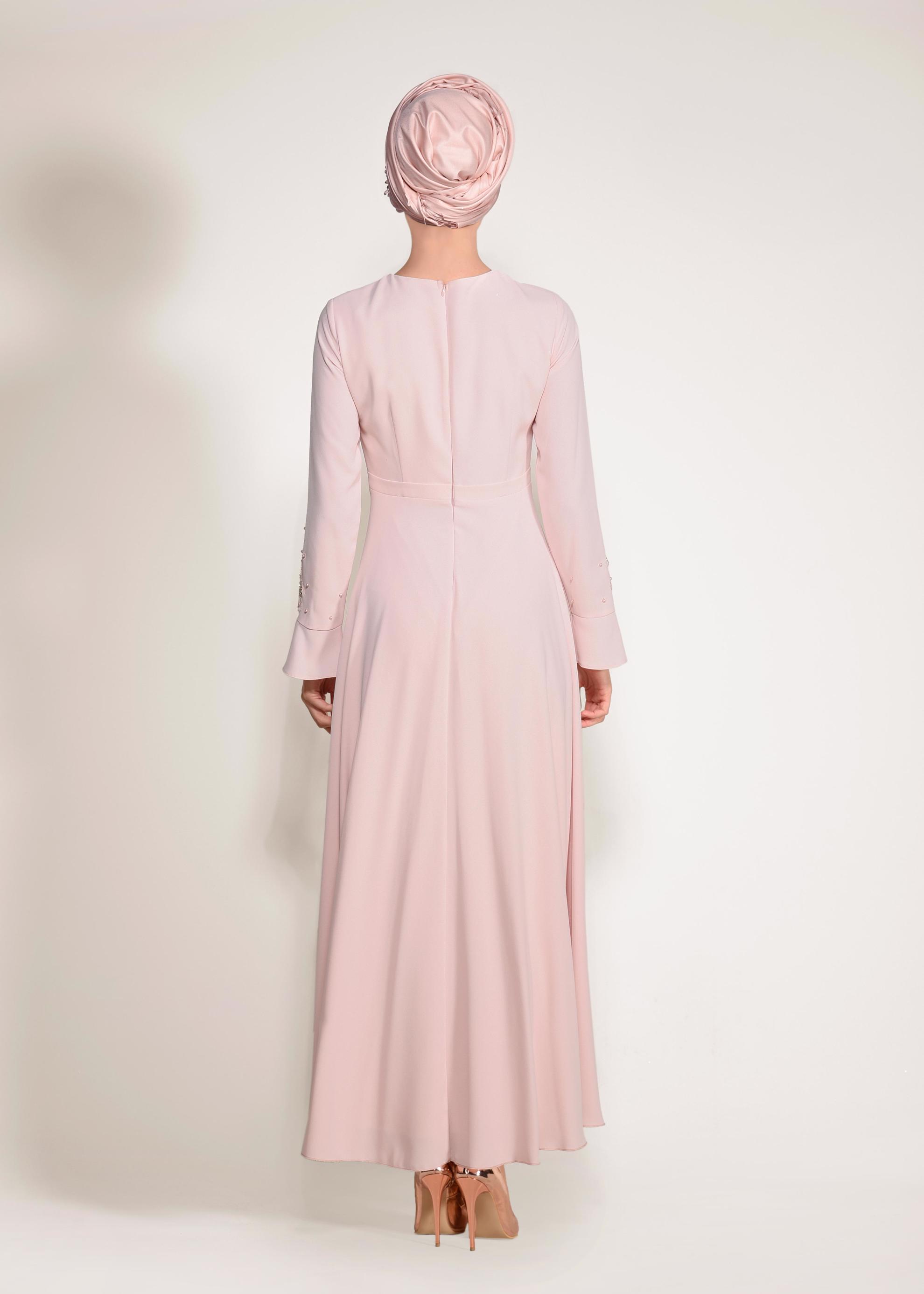 Tesettür giyim PUDRA  TAŞ VE BONCUK İŞLEMELİ ABİYE ELBİSE 4220