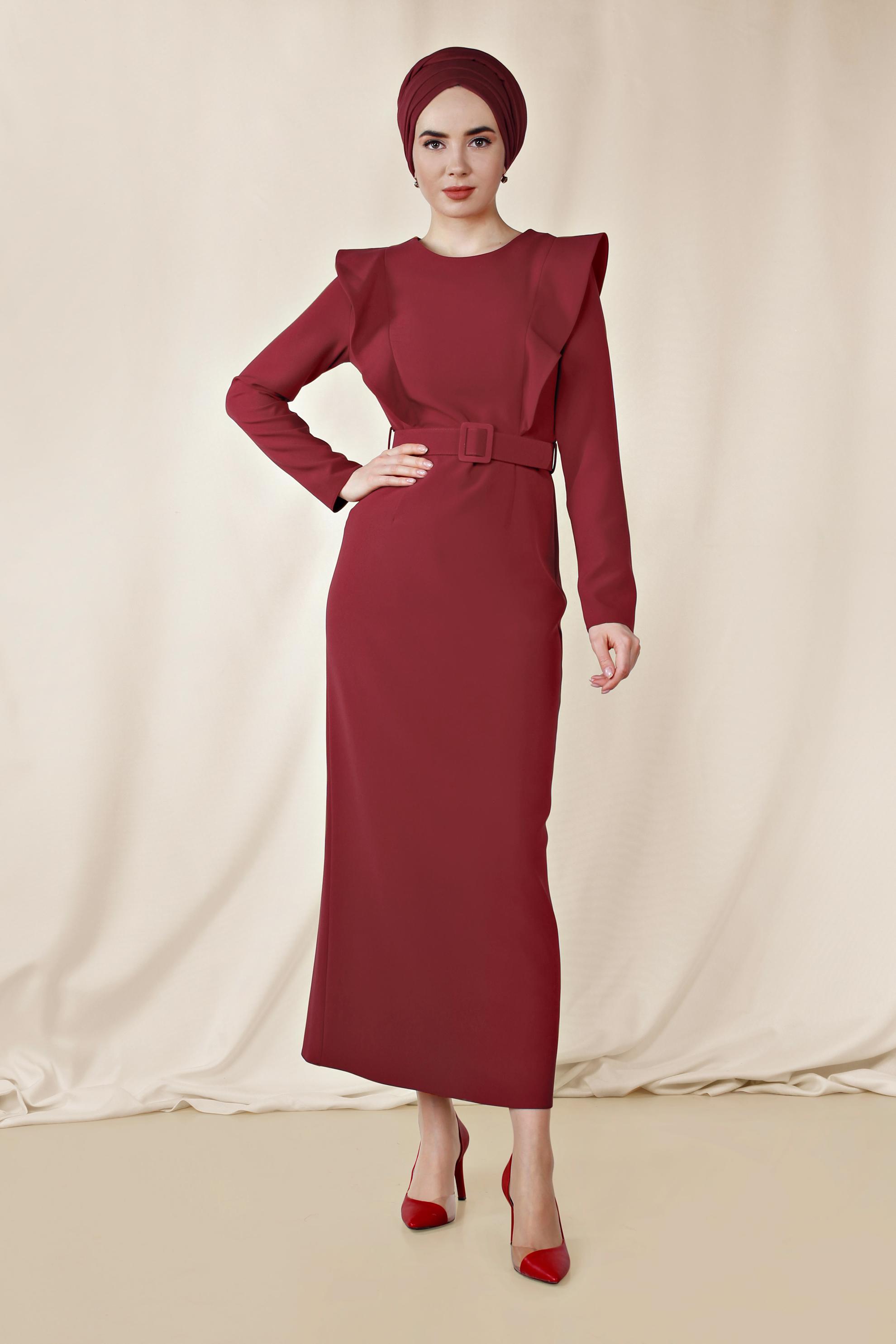 Tesettür giyim KIRMIZI FIRFIR DETAYLI ELBİSE 4222