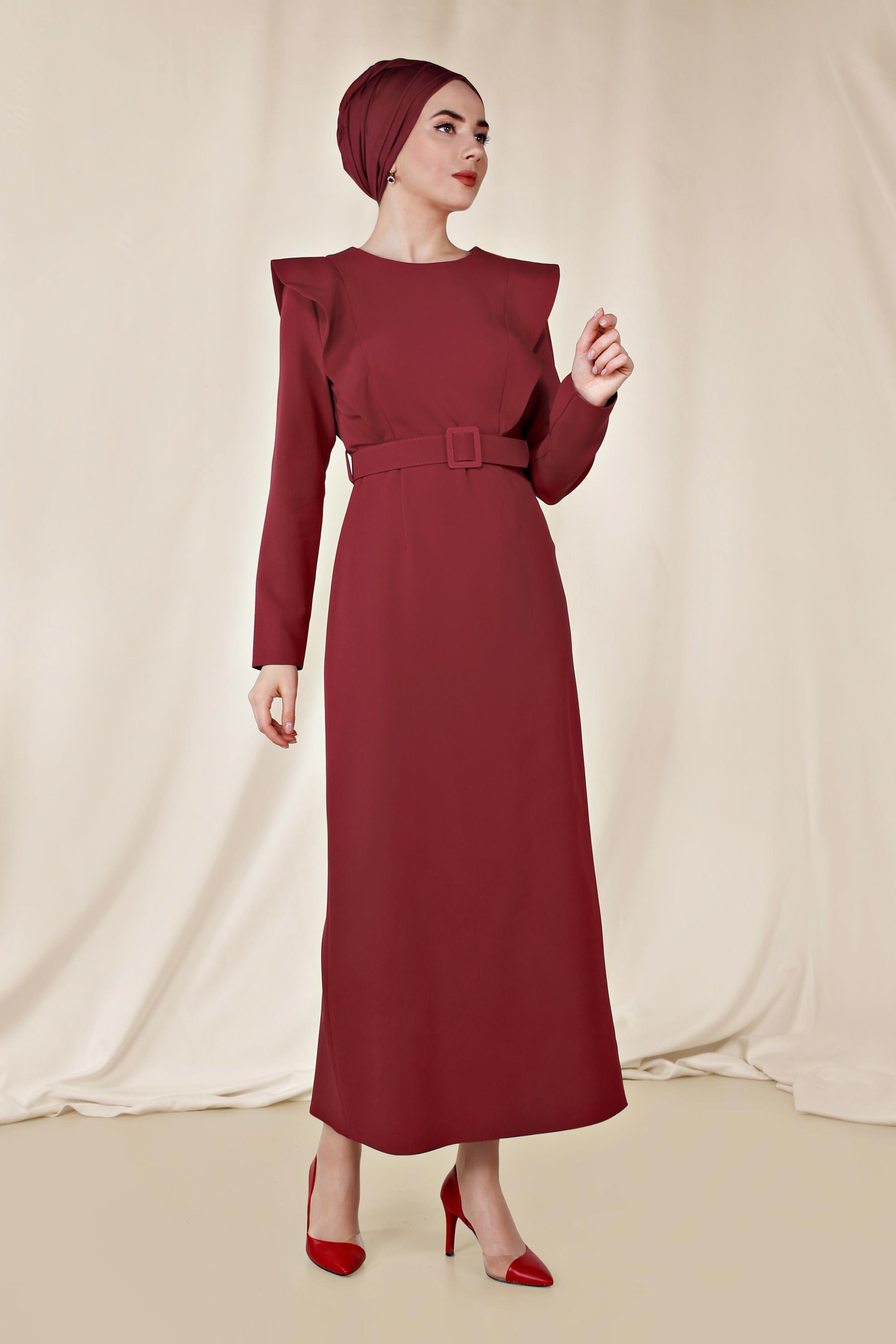 Tesettür giyim KIRMIZI FIRFIR DETAYLI ELBİSE 4222