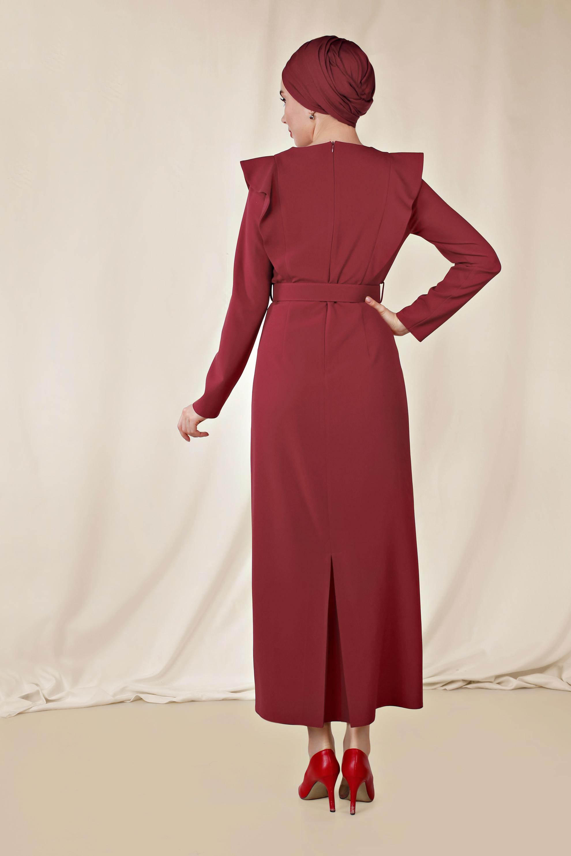 Tesettür giyim KIRMIZI FIRFIR DETAYLI ELBİSE 4222