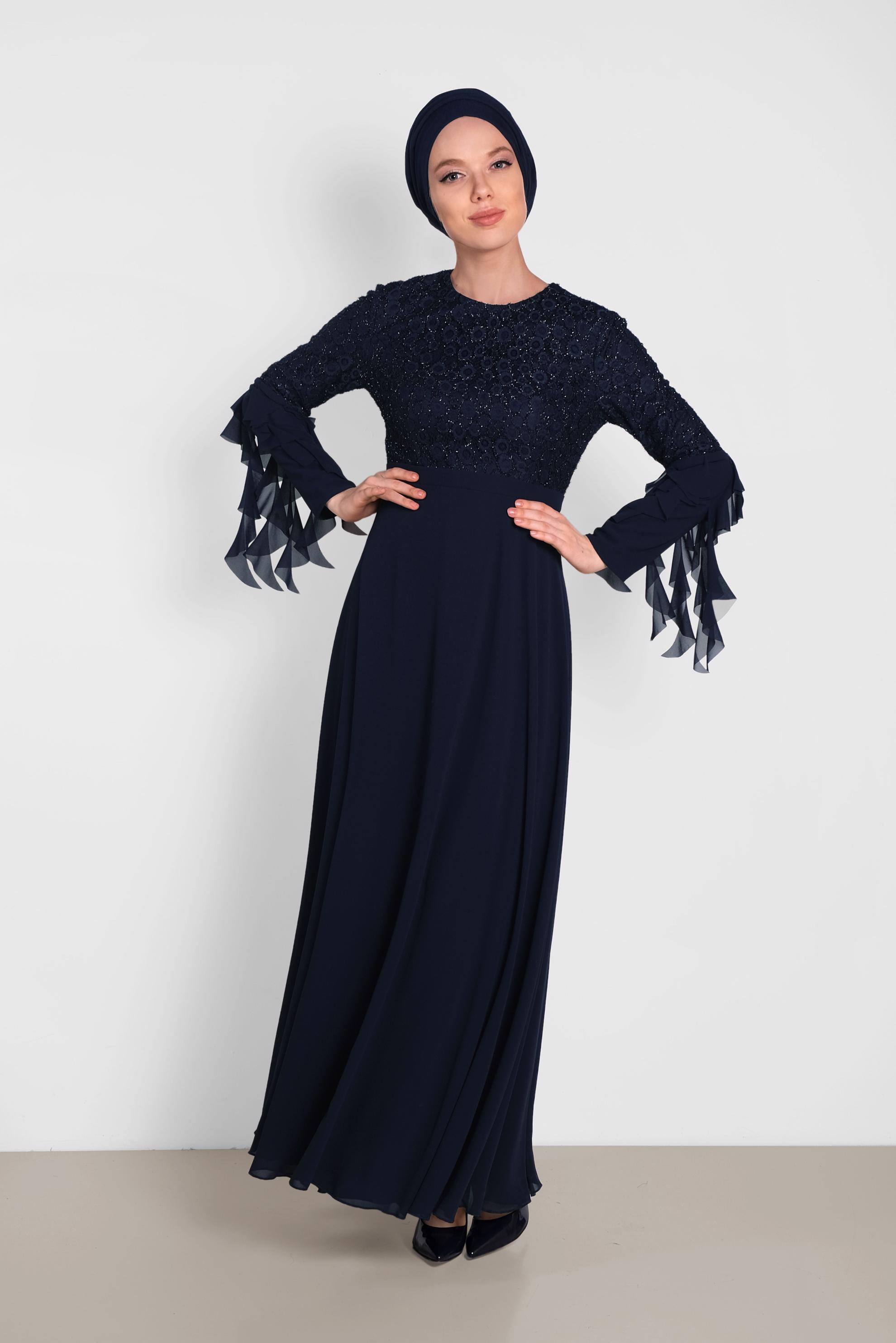 Tesettür giyim LACİVERT KOLARI ŞİFON DETAYLI  SİMLİ DANTEL ELBİSE 4224 