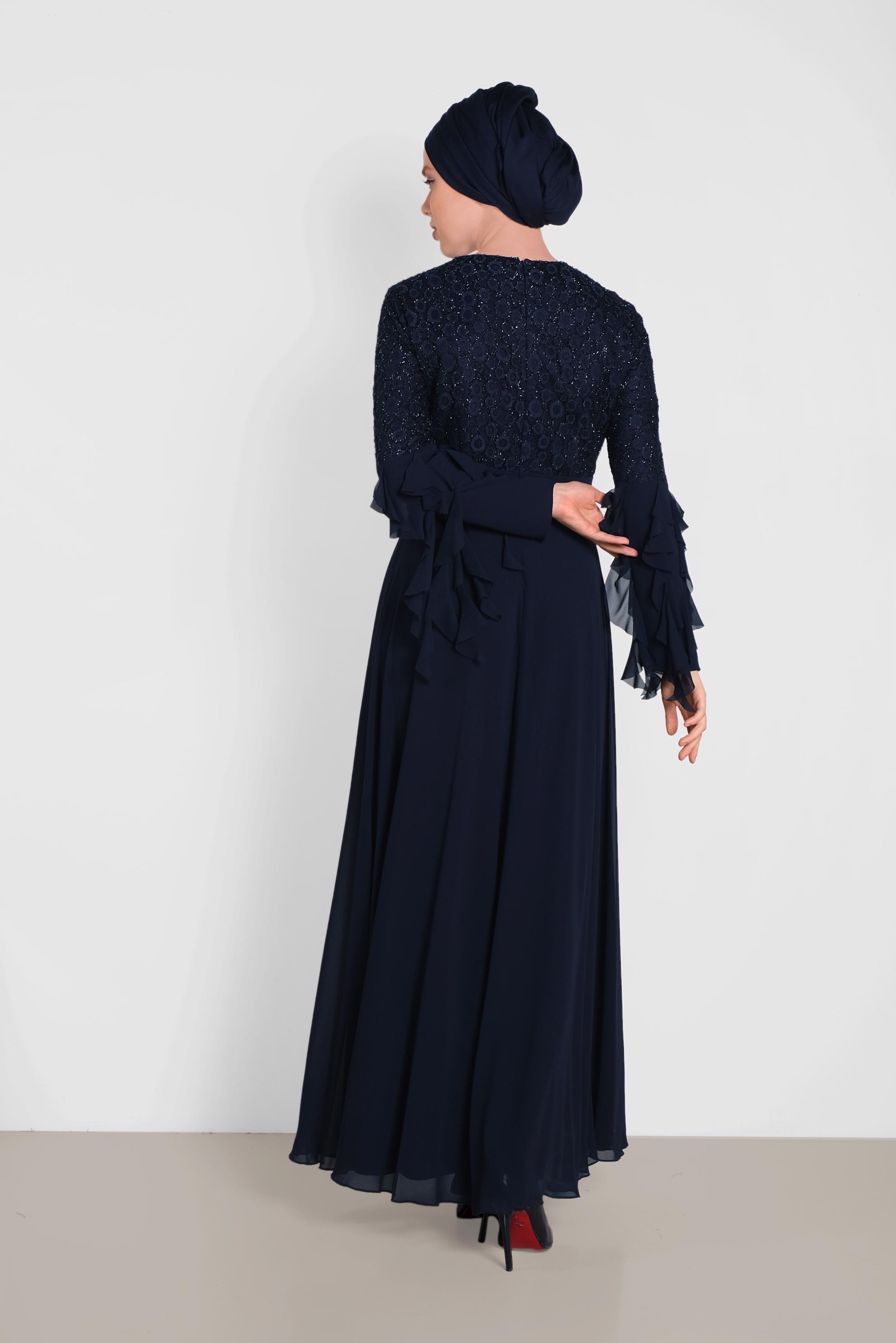 Tesettür giyim LACİVERT KOLARI ŞİFON DETAYLI  SİMLİ DANTEL ELBİSE 4224 