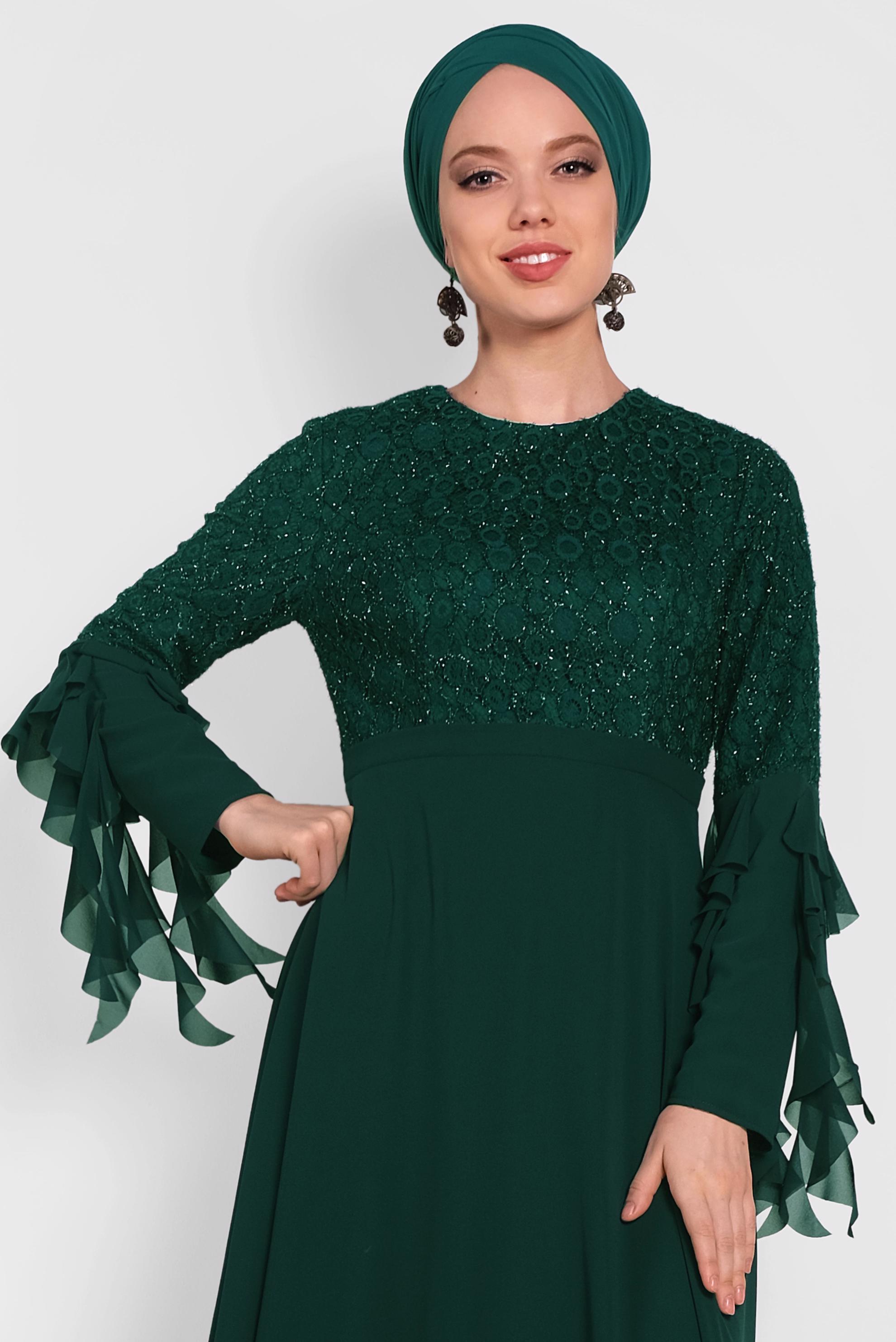 Tesettür giyim YEŞİL KOLARI ŞİFON DETAYLI  SİMLİ DANTEL ELBİSE 4224 