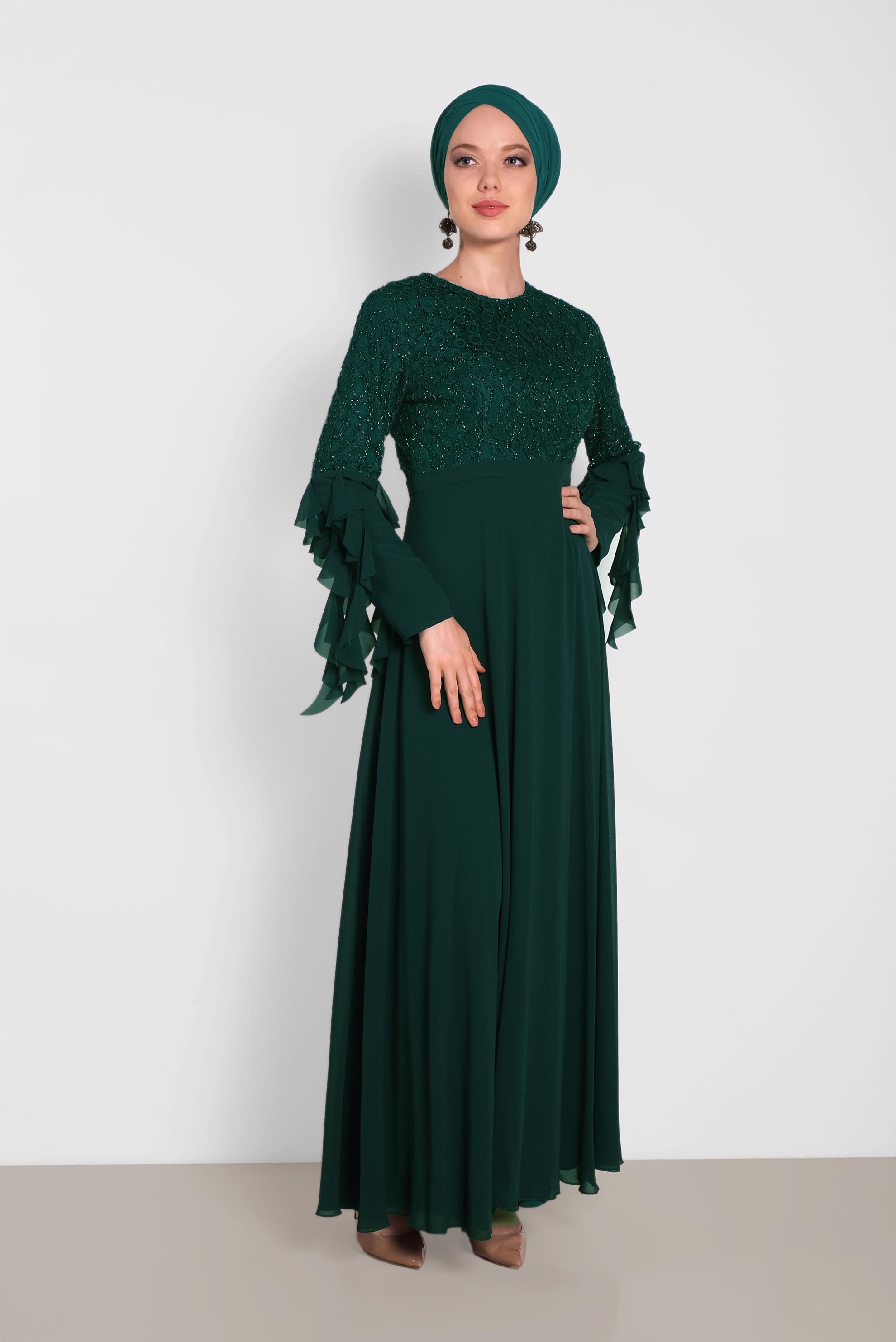 Tesettür giyim YEŞİL KOLARI ŞİFON DETAYLI  SİMLİ DANTEL ELBİSE 4224 