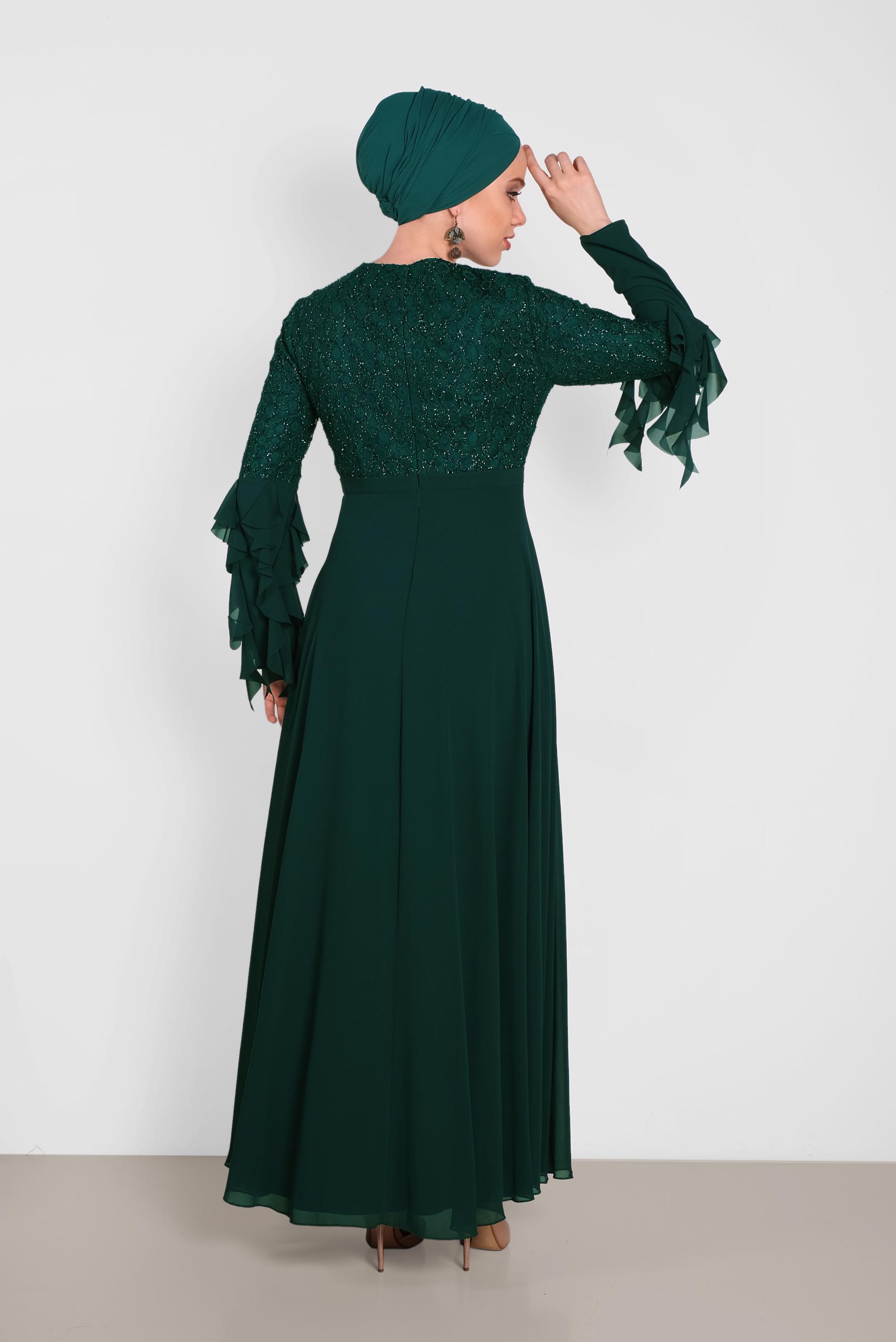 Tesettür giyim YEŞİL KOLARI ŞİFON DETAYLI  SİMLİ DANTEL ELBİSE 4224 