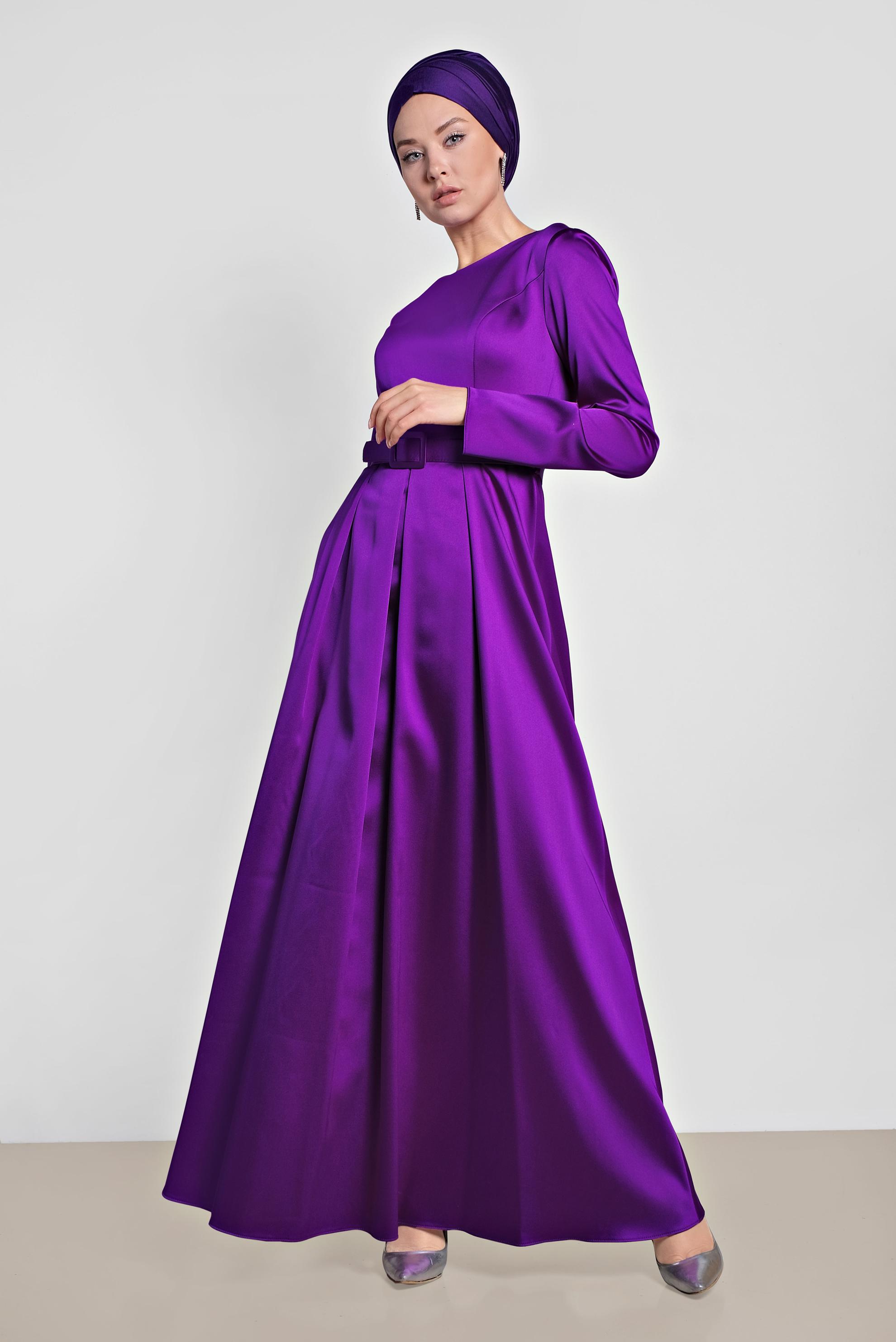 Tesettür giyim MOR KEMERLİ SATEN ELBİSE 4227