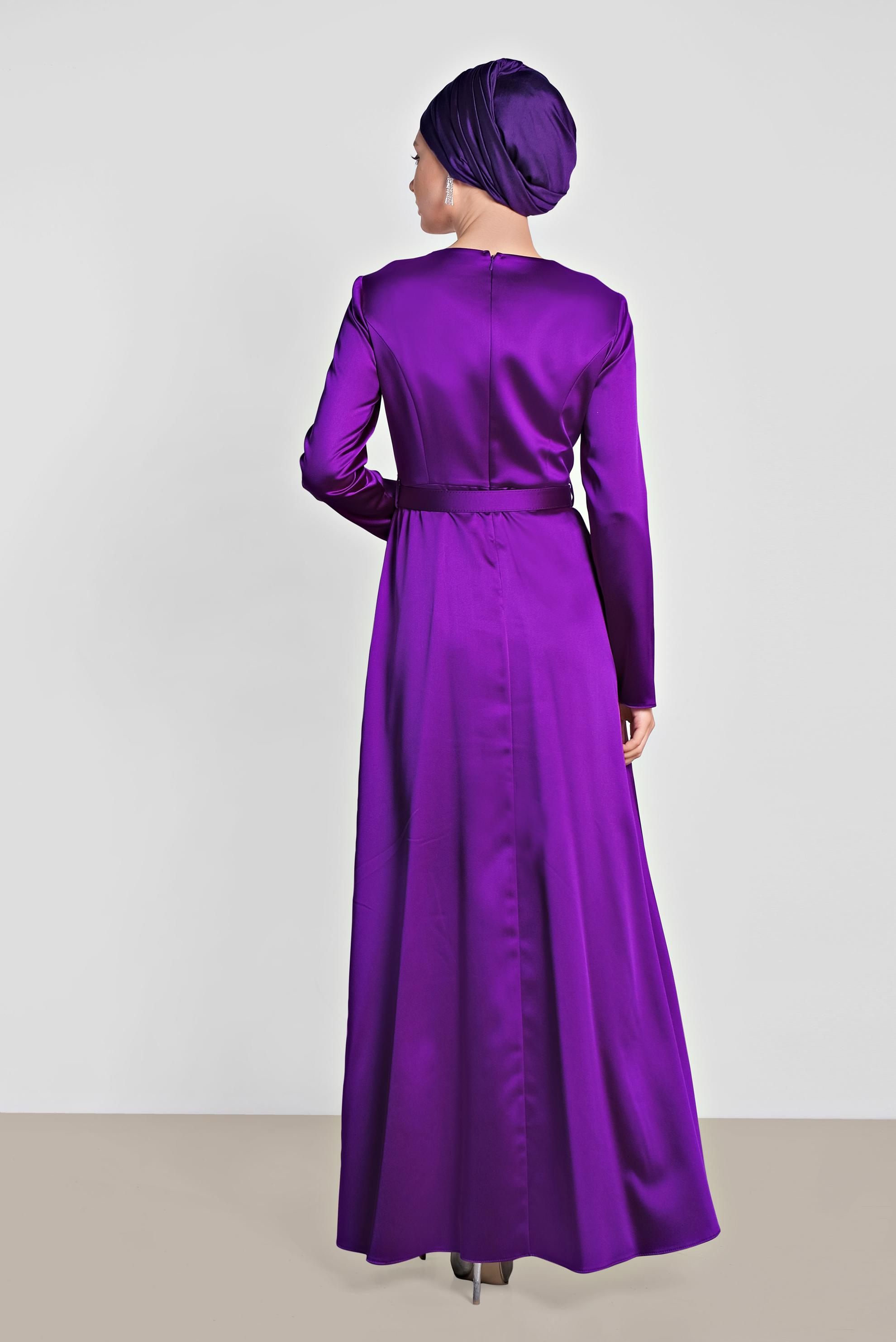 Tesettür giyim MOR KEMERLİ SATEN ELBİSE 4227
