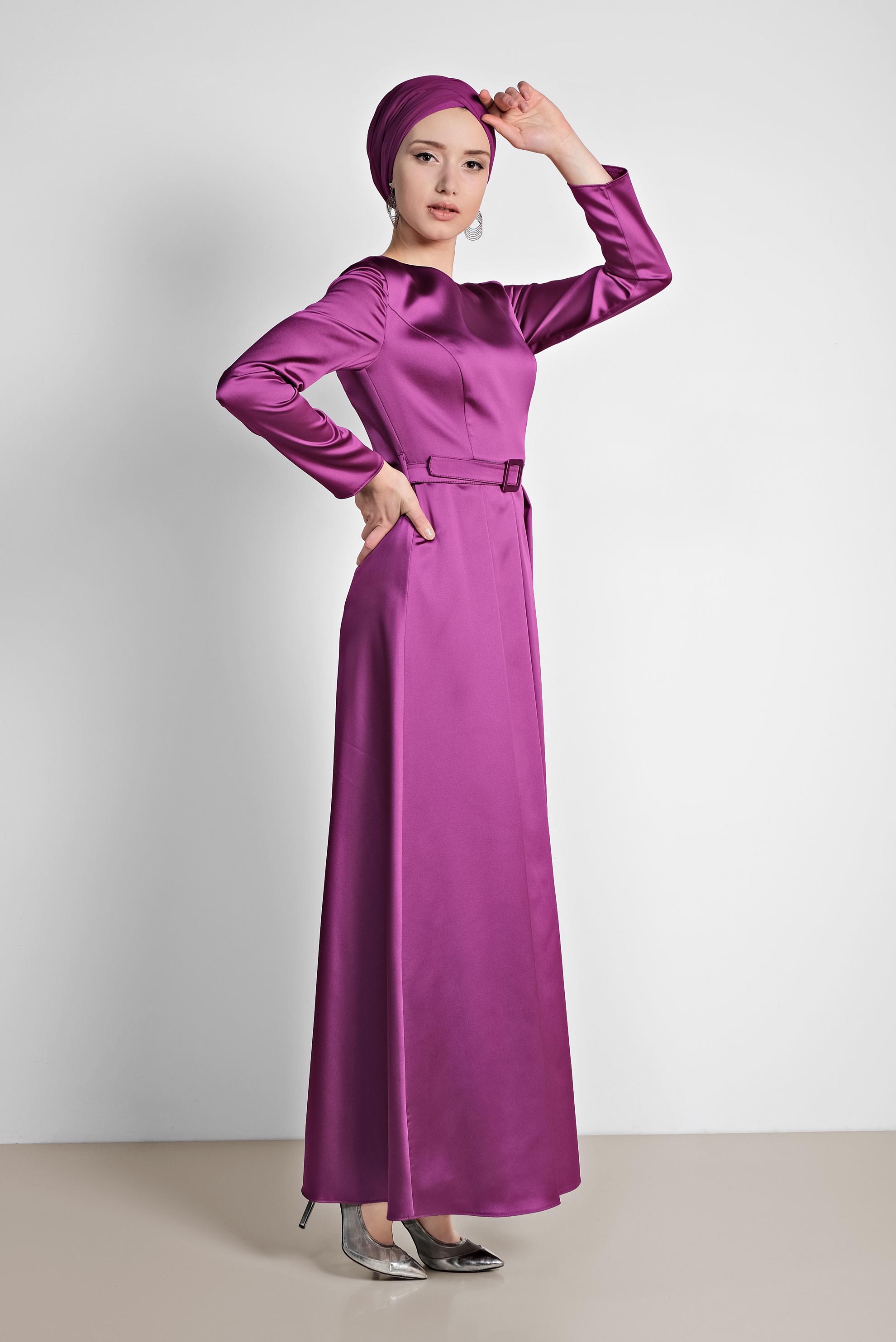 Tesettür giyim FUŞYA KEMERLİ SATEN ELBİSE 4227