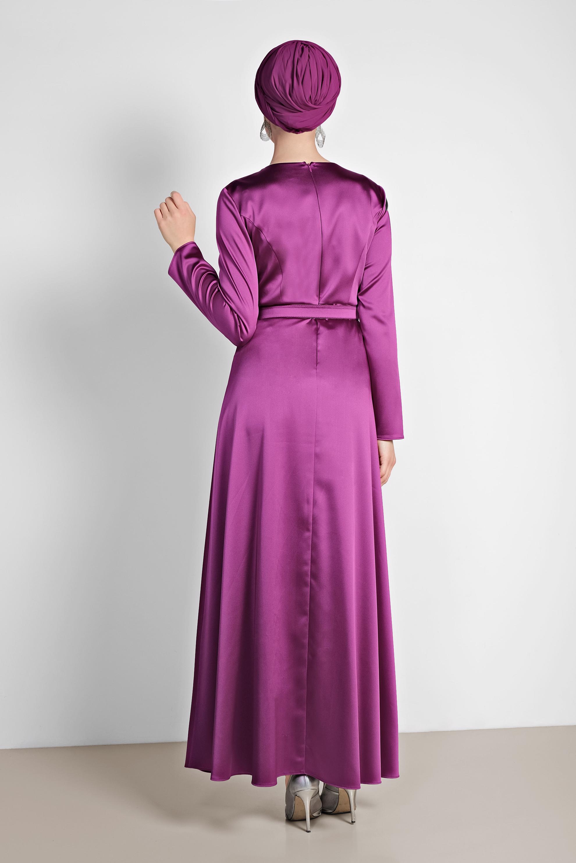Tesettür giyim FUŞYA KEMERLİ SATEN ELBİSE 4227