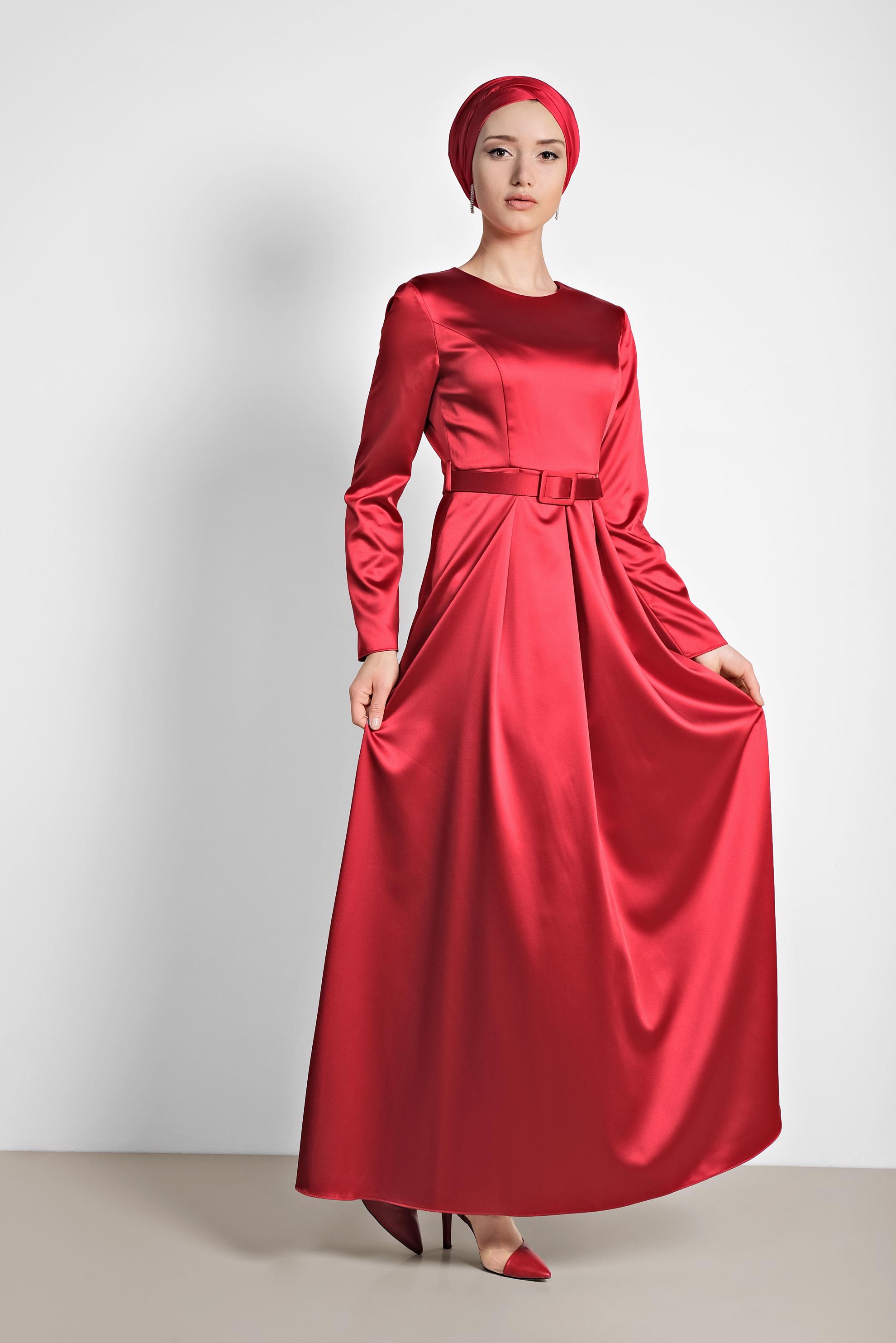 Tesettür giyim KIRMIZI KEMERLİ SATEN ELBİSE 4227