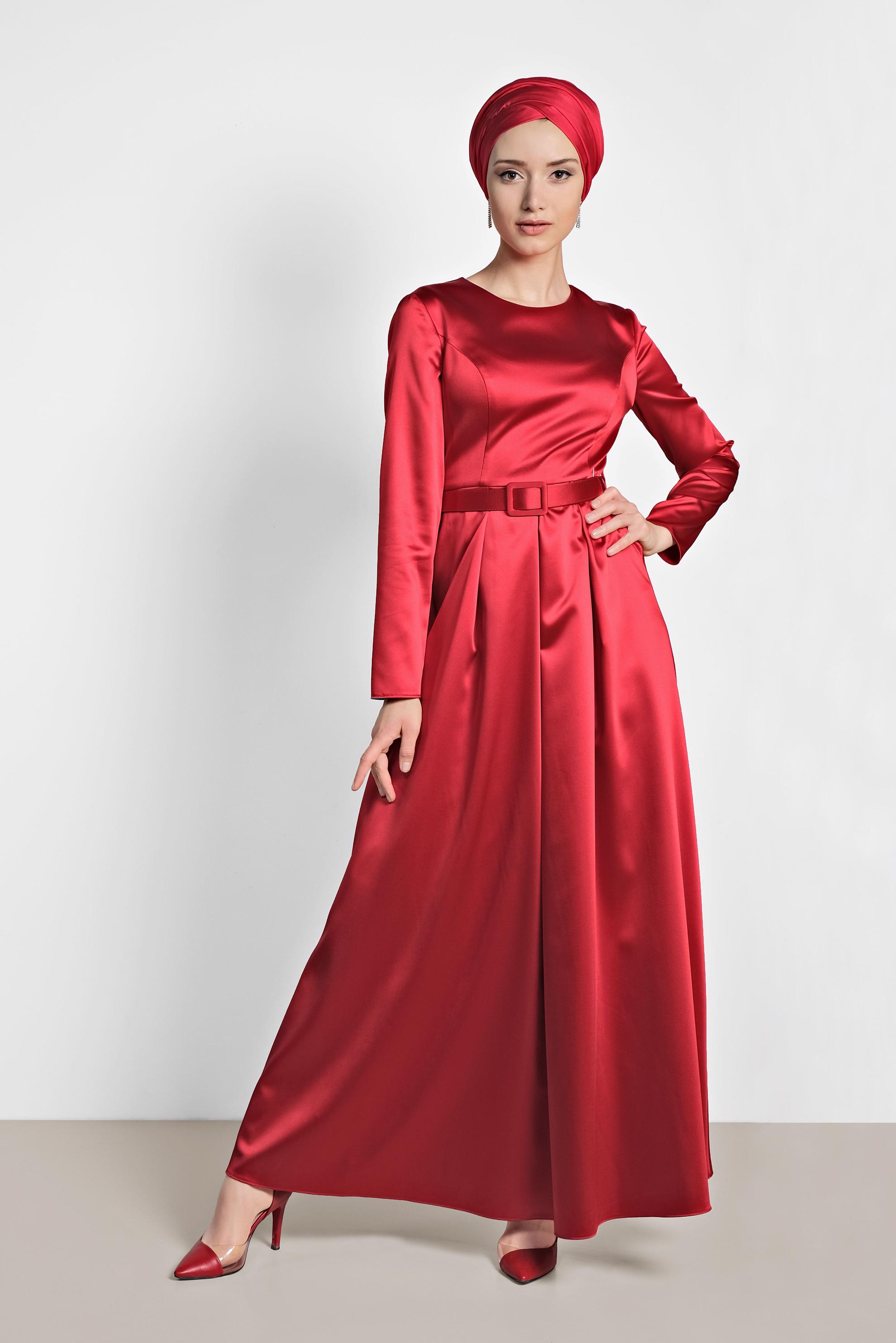 Tesettür giyim KIRMIZI KEMERLİ SATEN ELBİSE 4227