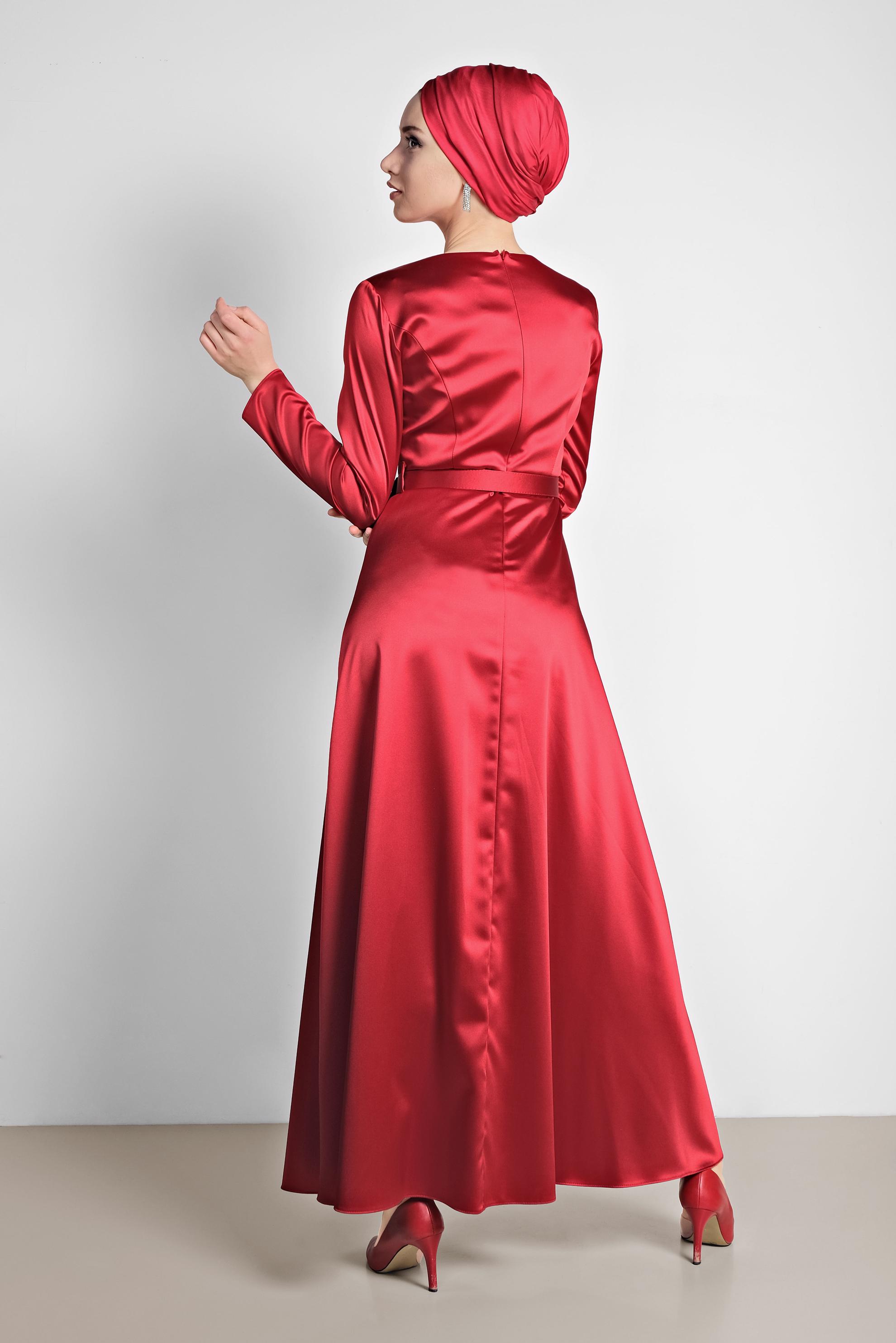 Tesettür giyim KIRMIZI KEMERLİ SATEN ELBİSE 4227