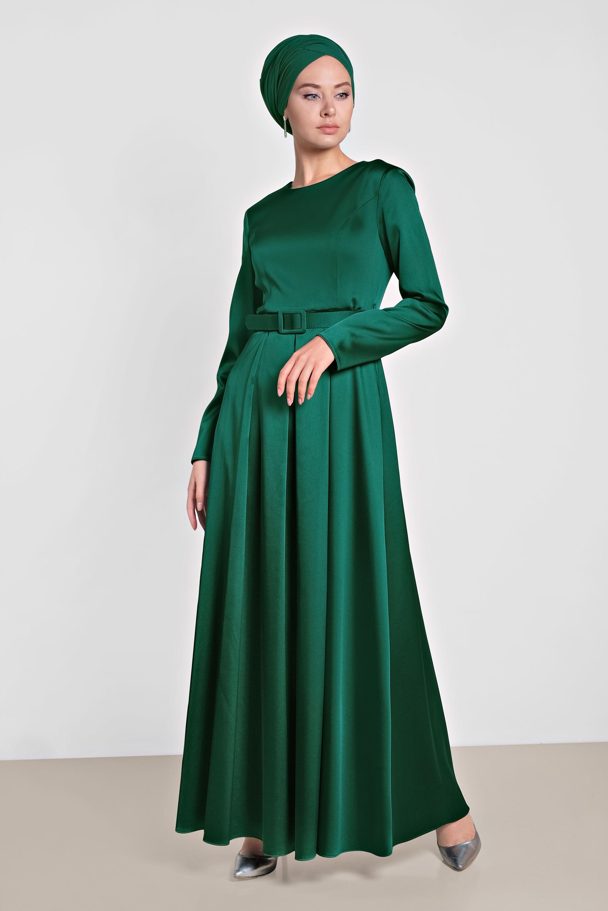 Tesettür giyim YEŞİL KEMERLİ SATEN ELBİSE 4227