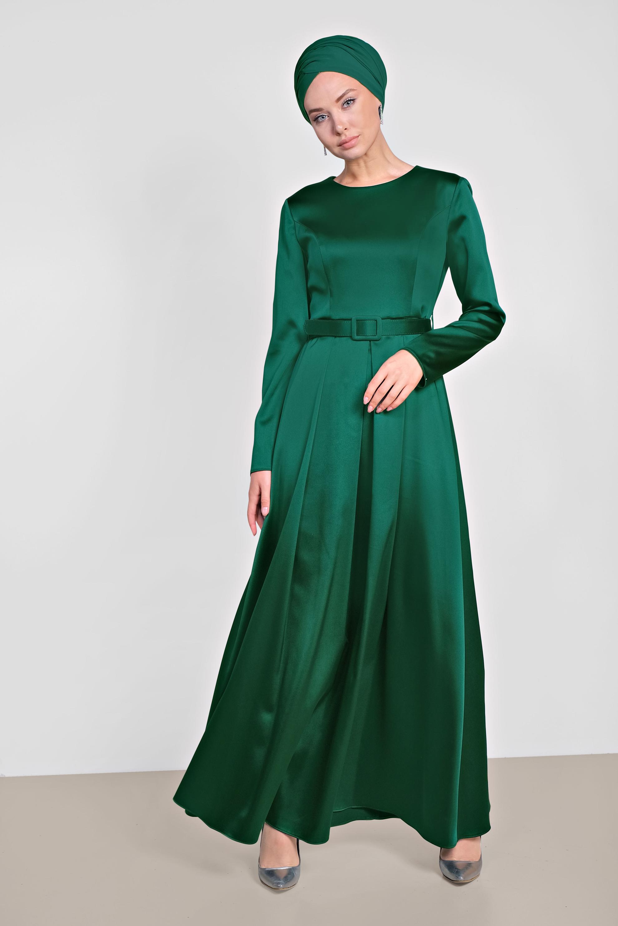 Tesettür giyim YEŞİL KEMERLİ SATEN ELBİSE 4227