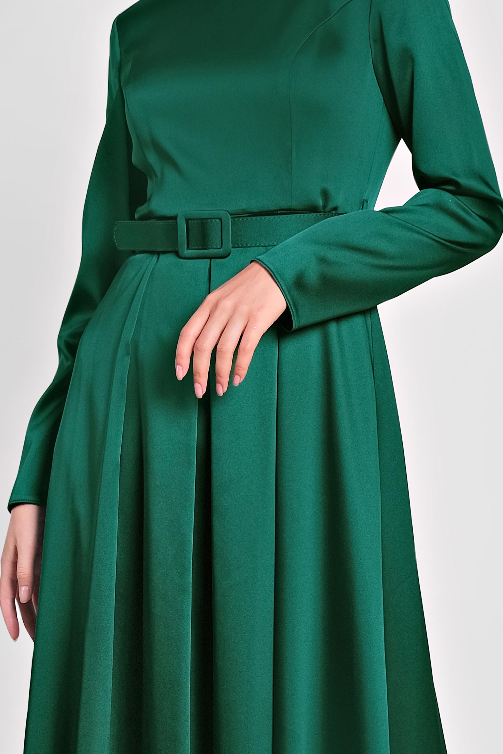 Tesettür giyim YEŞİL KEMERLİ SATEN ELBİSE 4227