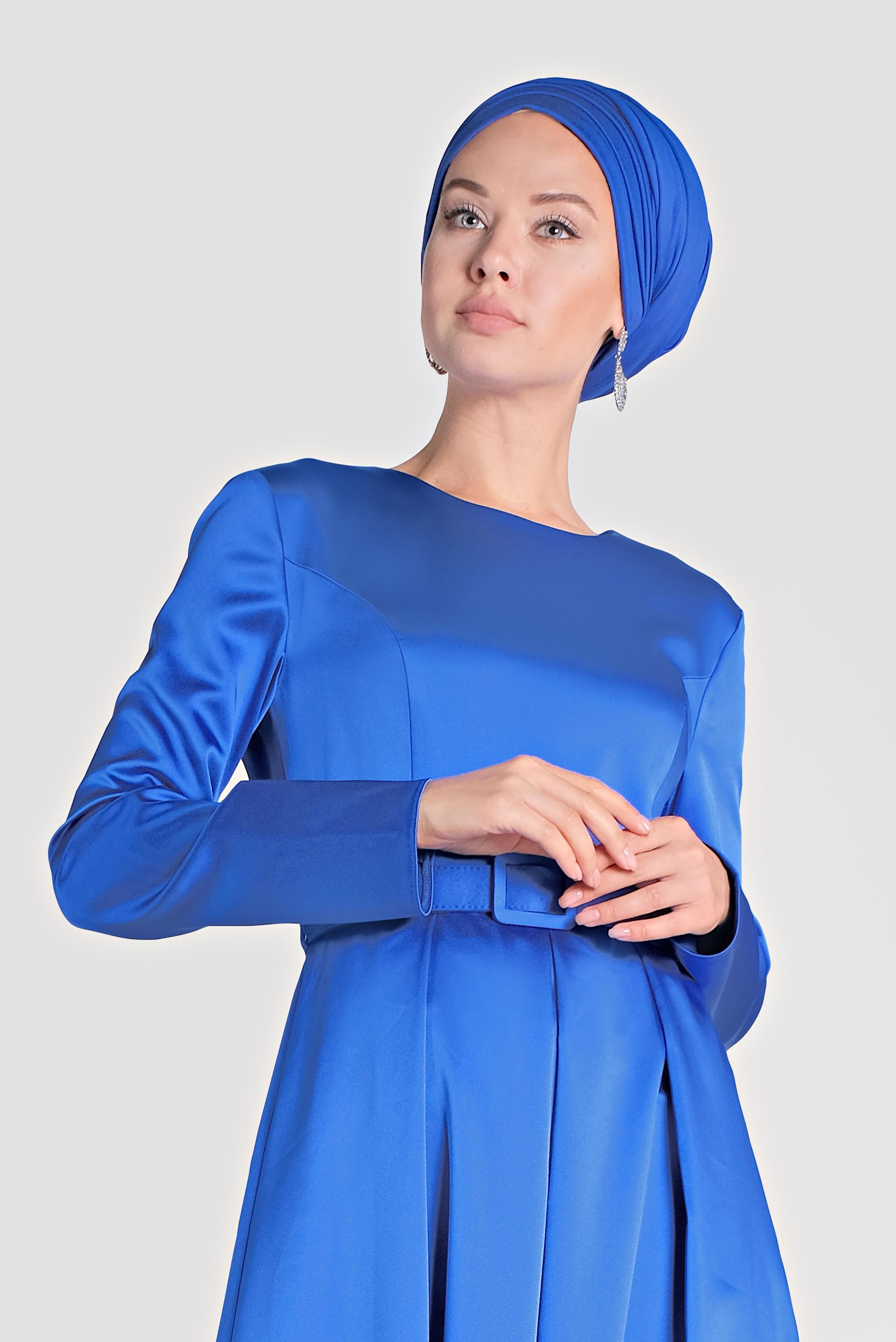 Tesettür giyim LACİVERT KEMERLİ SATEN ELBİSE 4227
