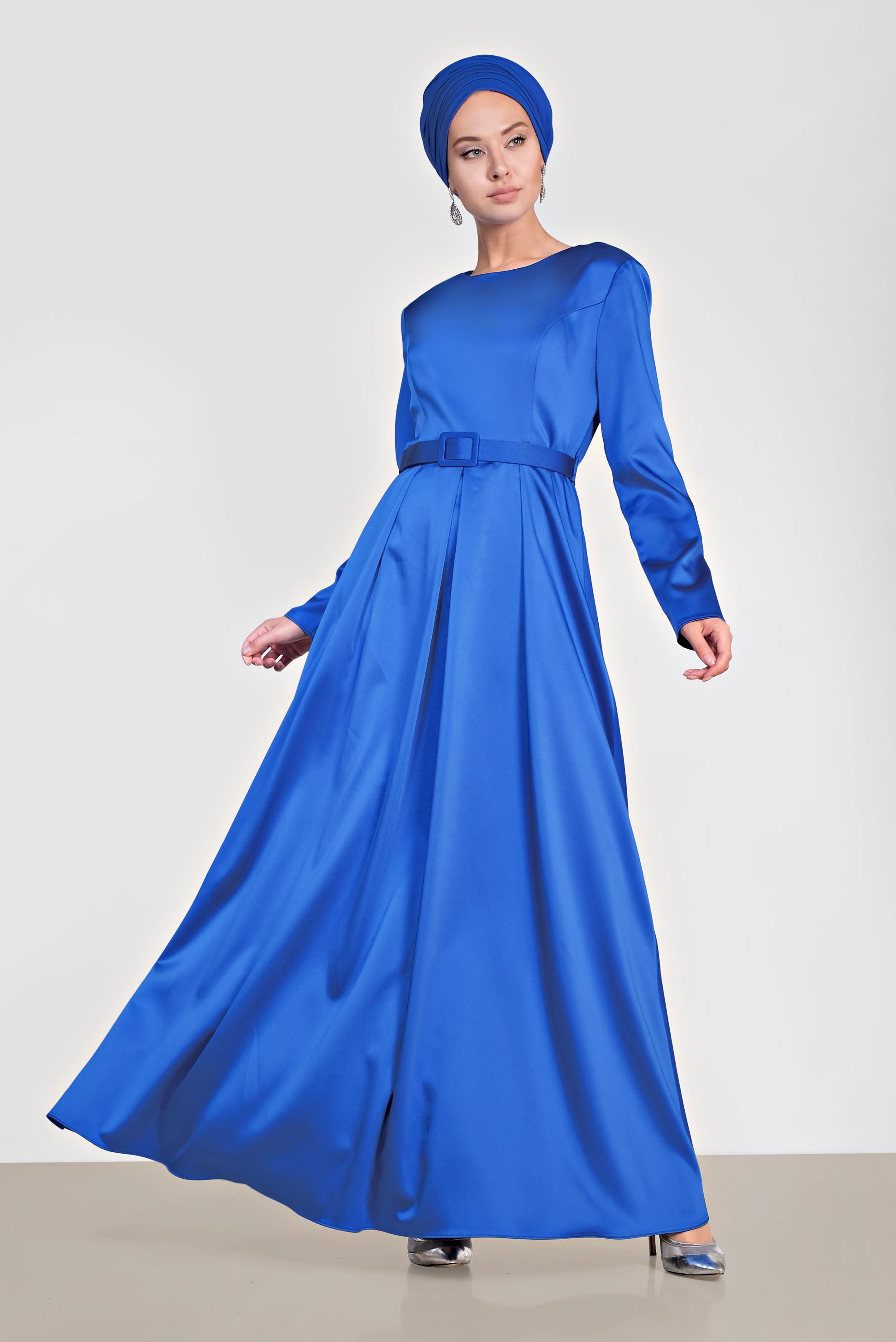 Tesettür giyim LACİVERT KEMERLİ SATEN ELBİSE 4227