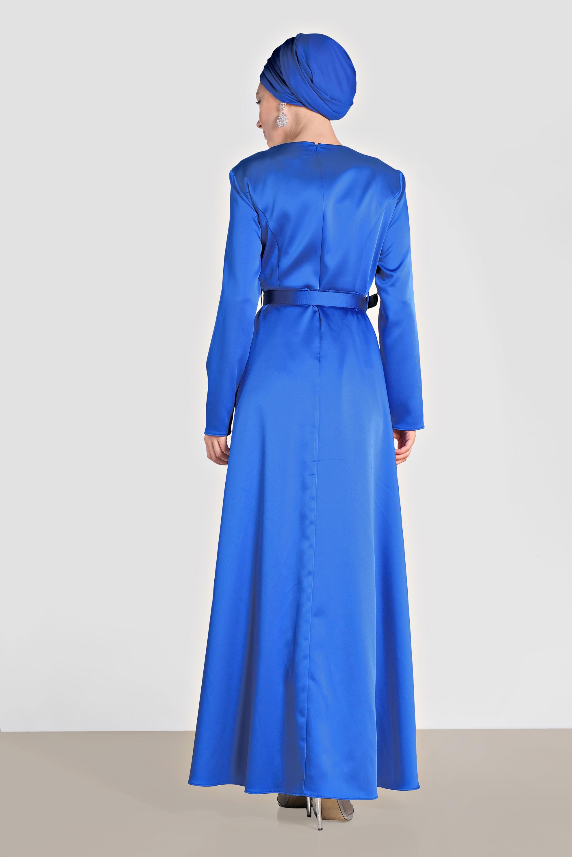 Tesettür giyim LACİVERT KEMERLİ SATEN ELBİSE 4227