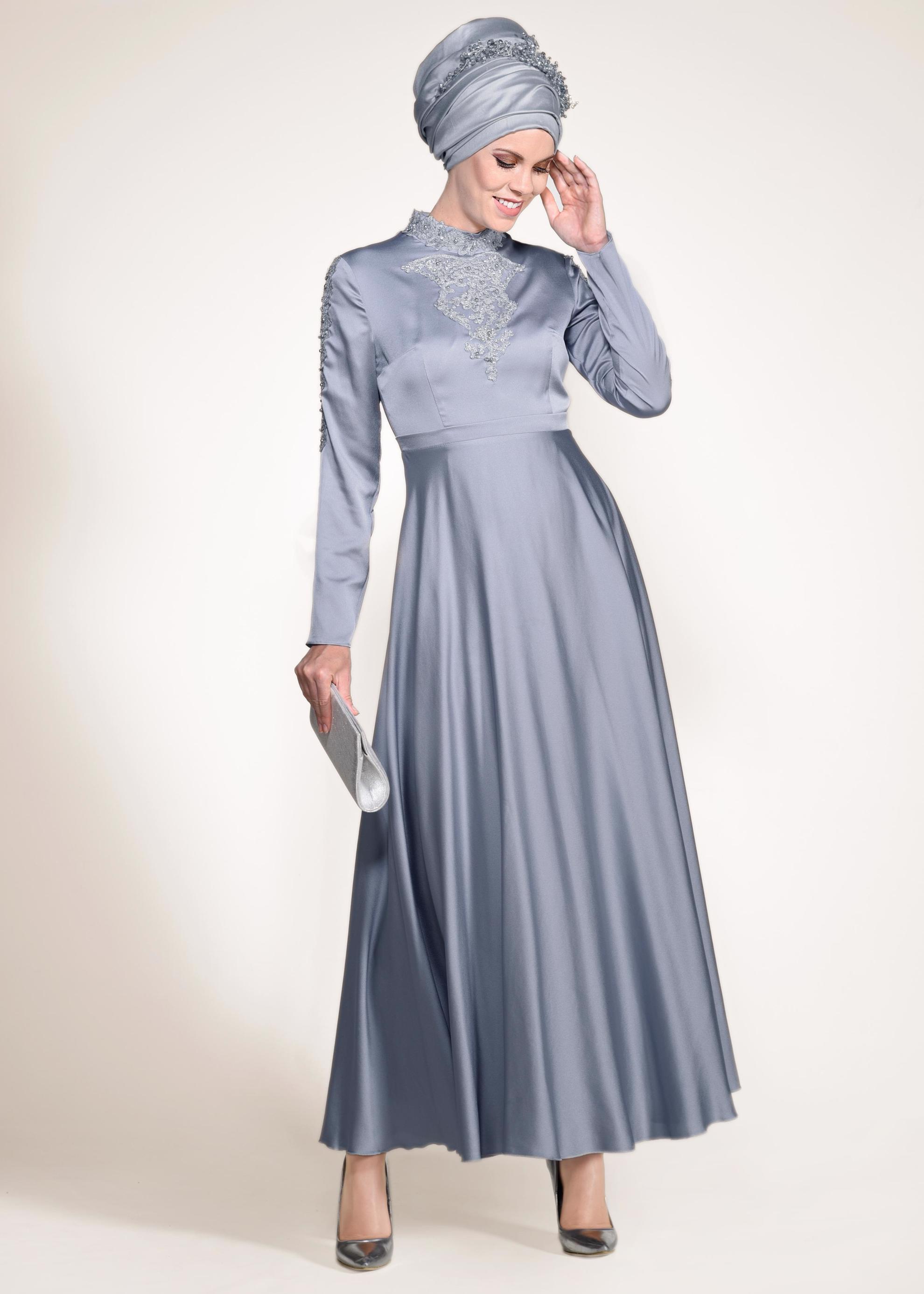 Tesettür giyim GRİ NAKIŞLI ABİYE ELBİSE 4229 