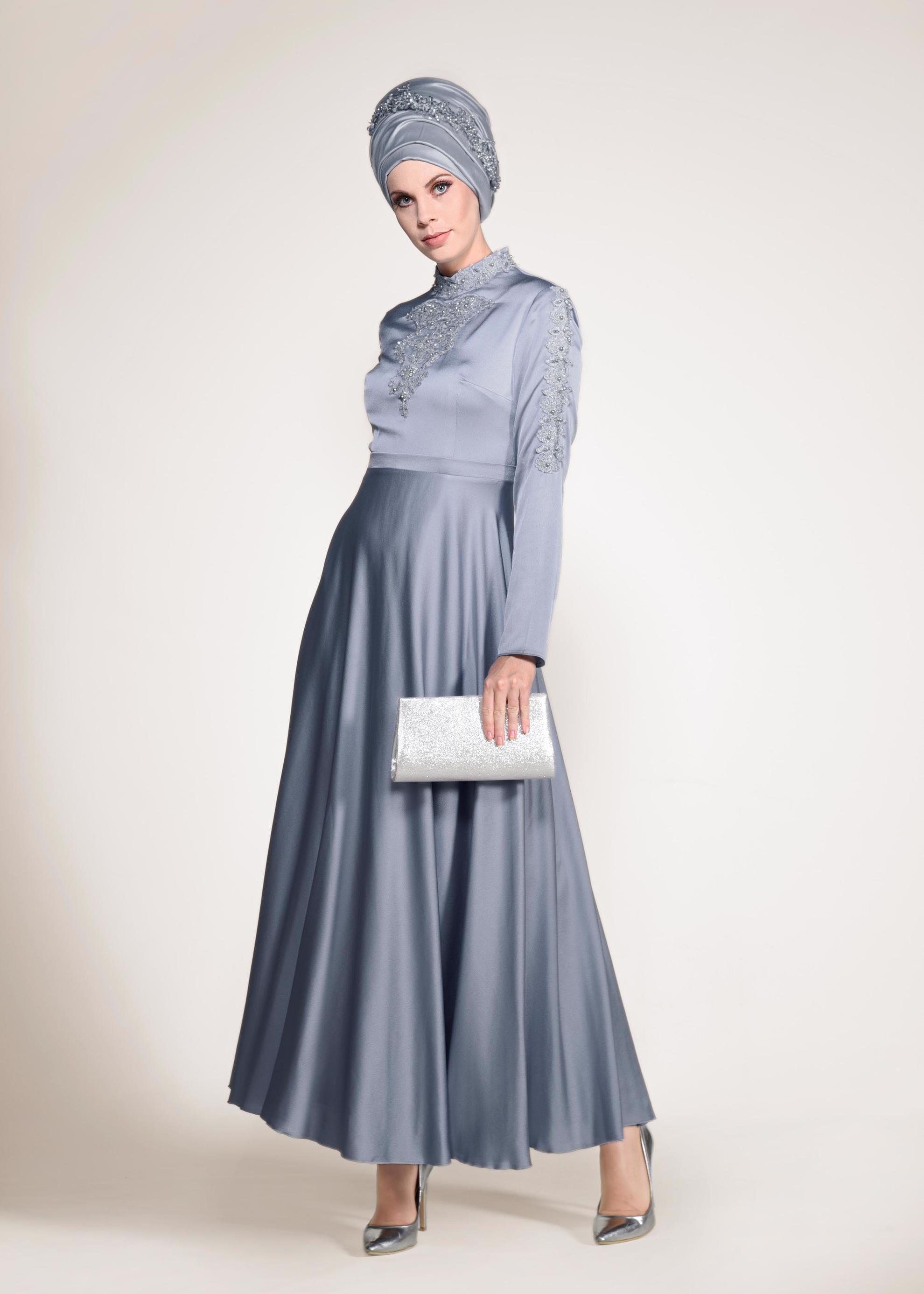 Tesettür giyim GRİ NAKIŞLI ABİYE ELBİSE 4229 