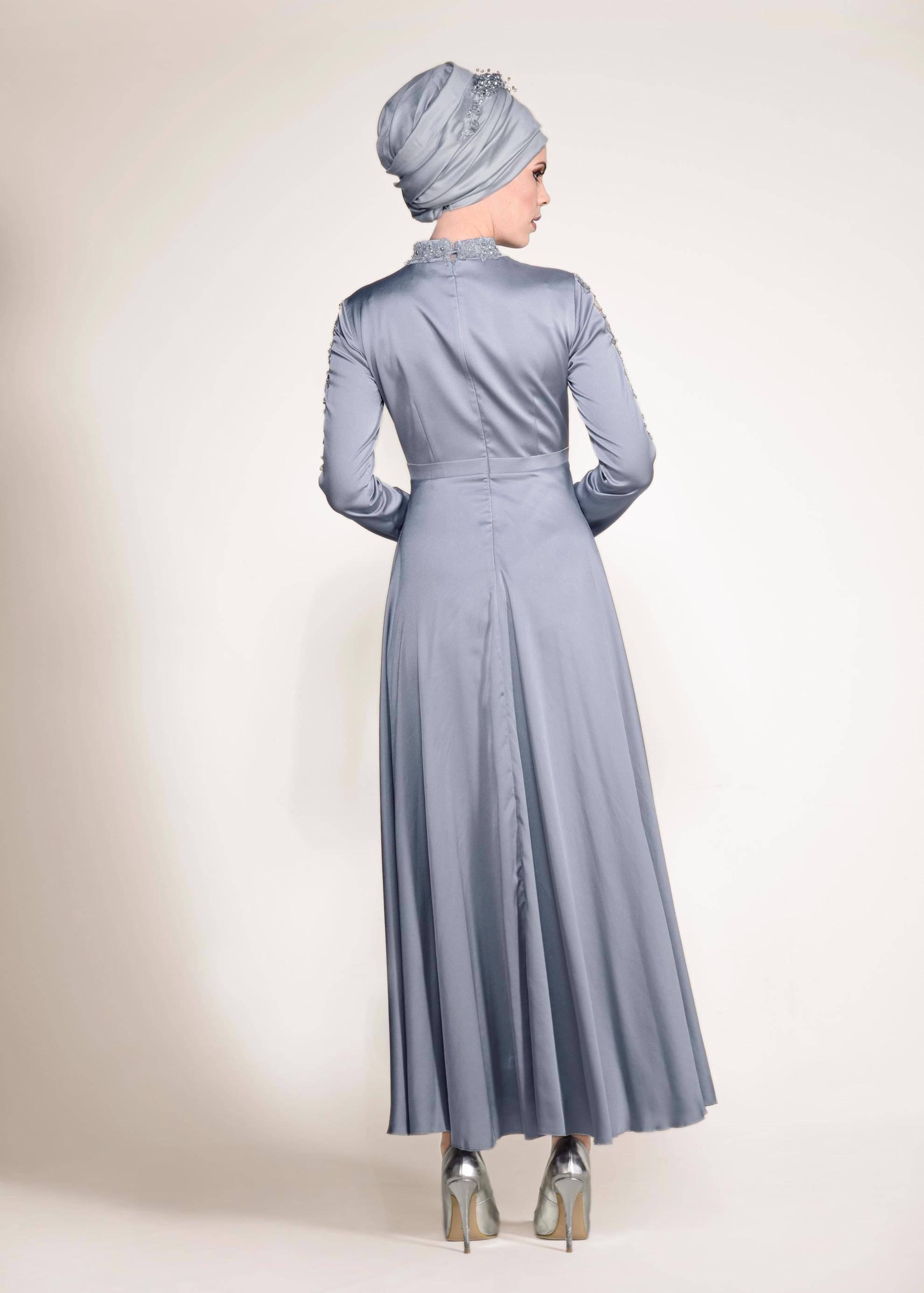 Tesettür giyim GRİ NAKIŞLI ABİYE ELBİSE 4229 