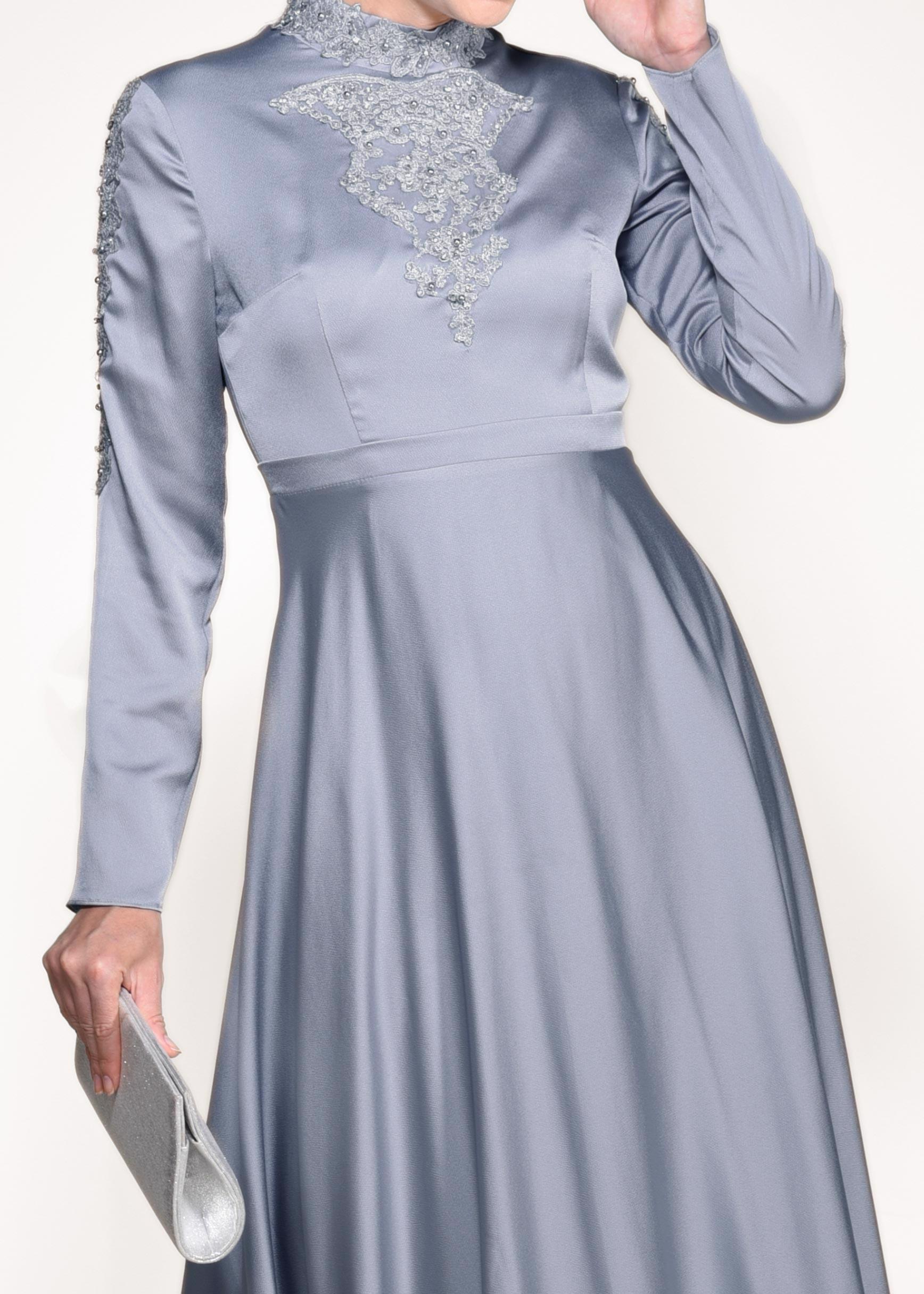 Tesettür giyim GRİ NAKIŞLI ABİYE ELBİSE 4229 