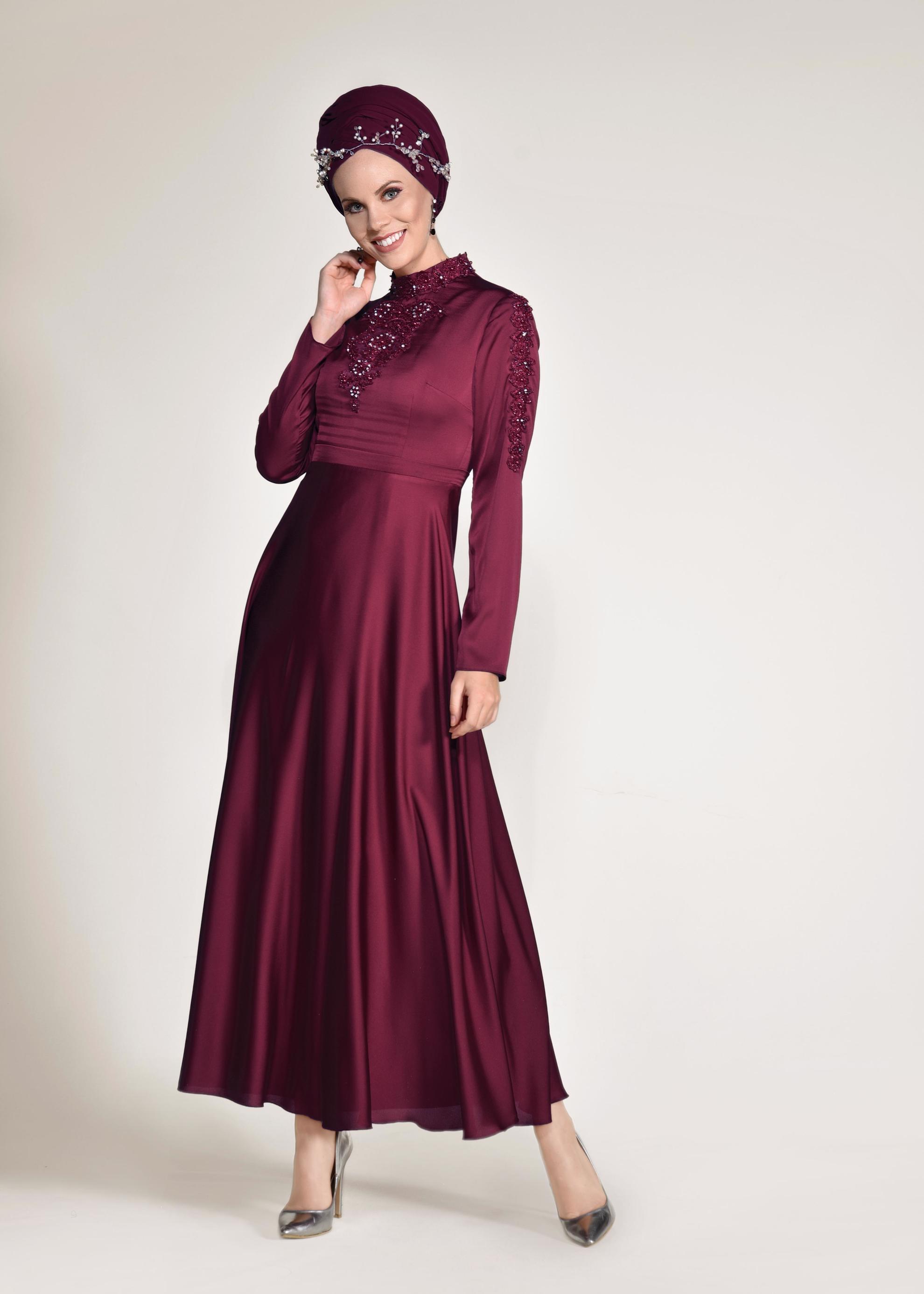 Tesettür giyim BORDO NAKIŞLI ABİYE ELBİSE 4229 