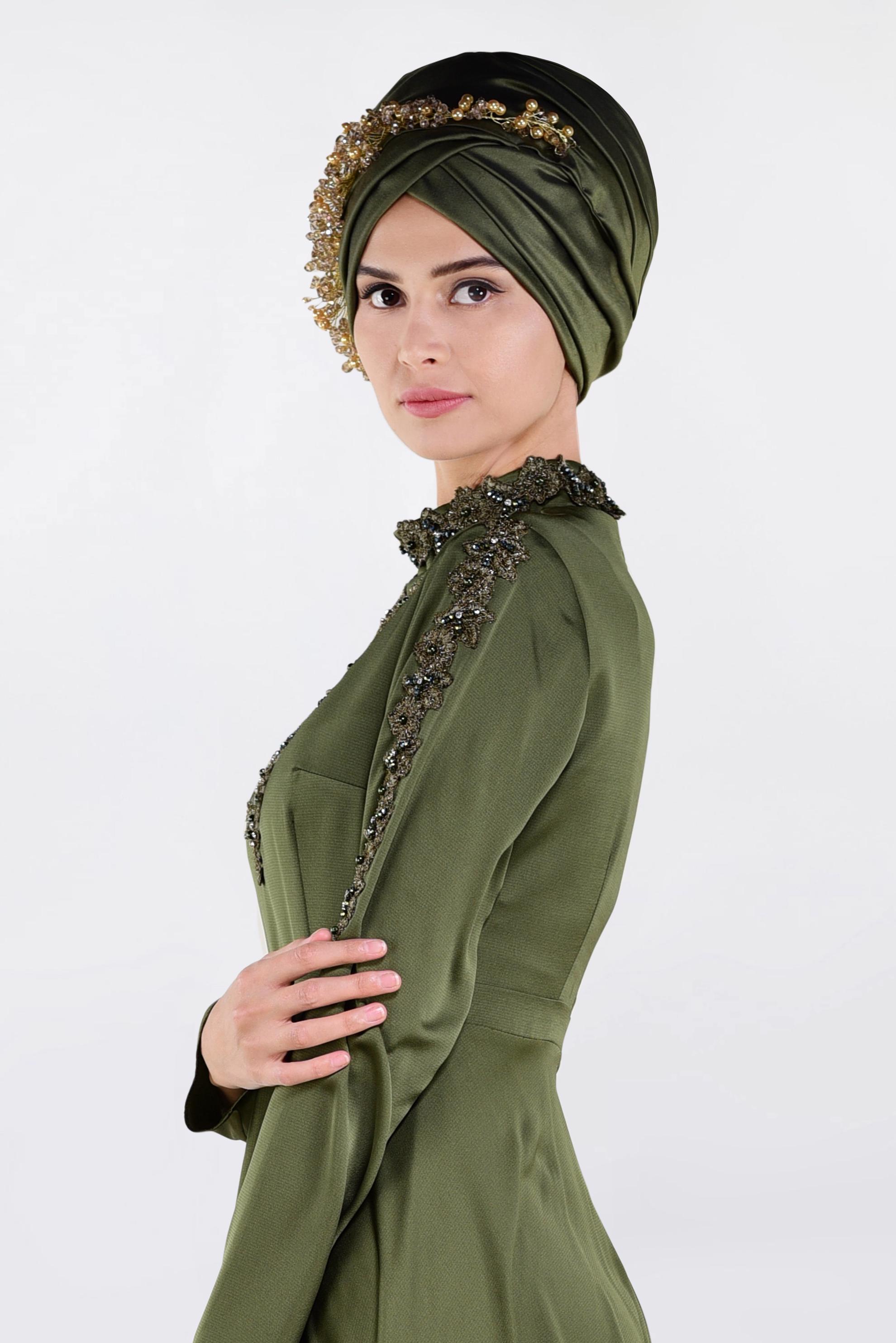 Tesettür giyim HAKİ NAKIŞLI ABİYE ELBİSE 4229 