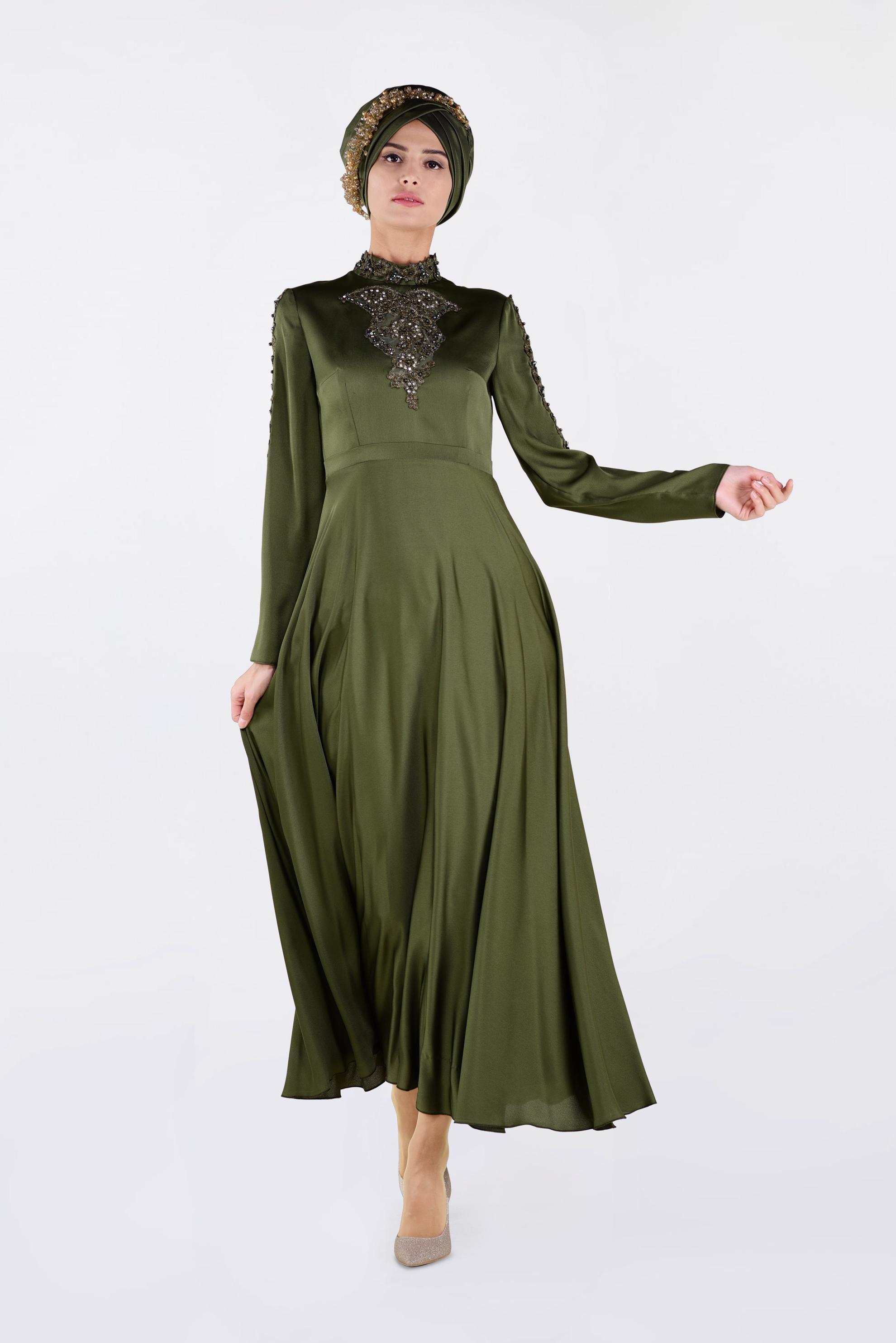 Tesettür giyim HAKİ NAKIŞLI ABİYE ELBİSE 4229 