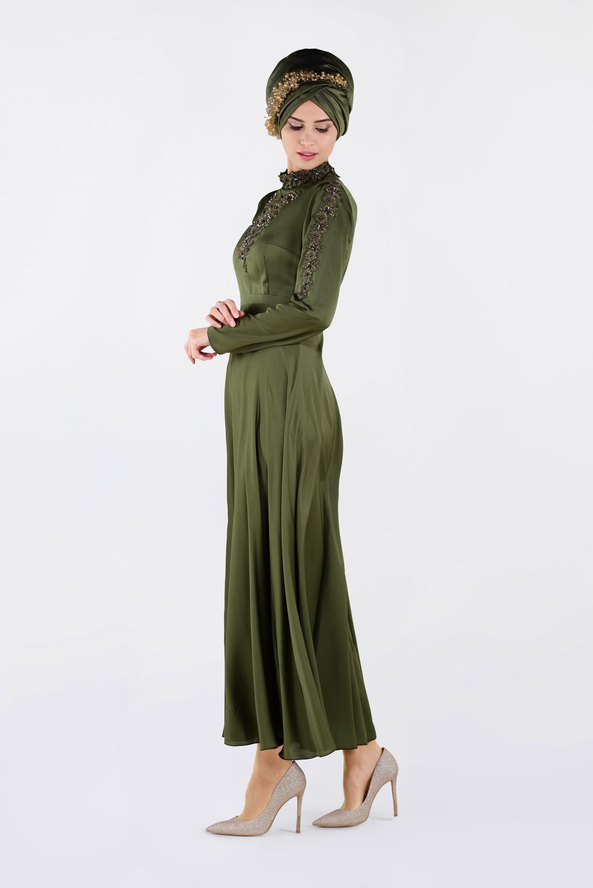 Tesettür giyim HAKİ NAKIŞLI ABİYE ELBİSE 4229 