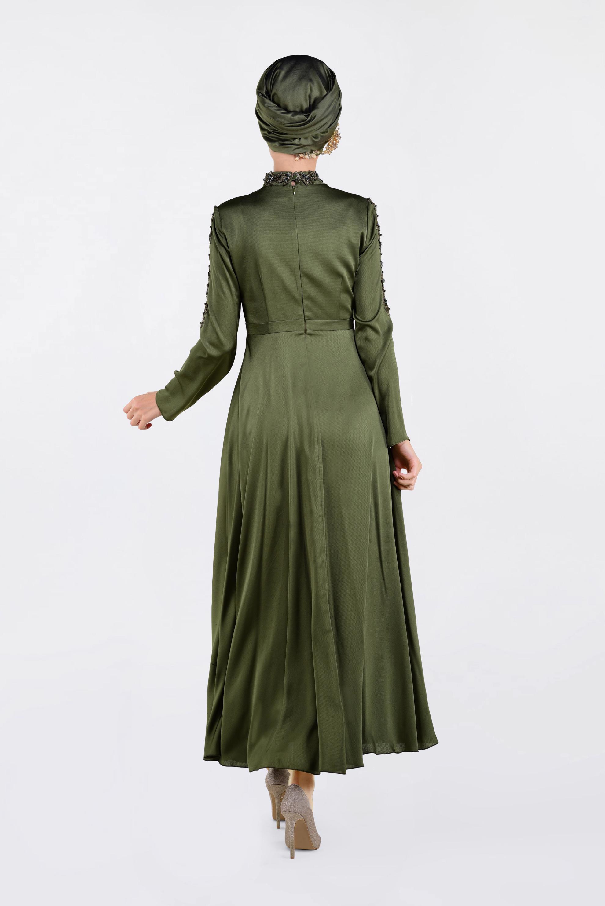 Tesettür giyim HAKİ NAKIŞLI ABİYE ELBİSE 4229 