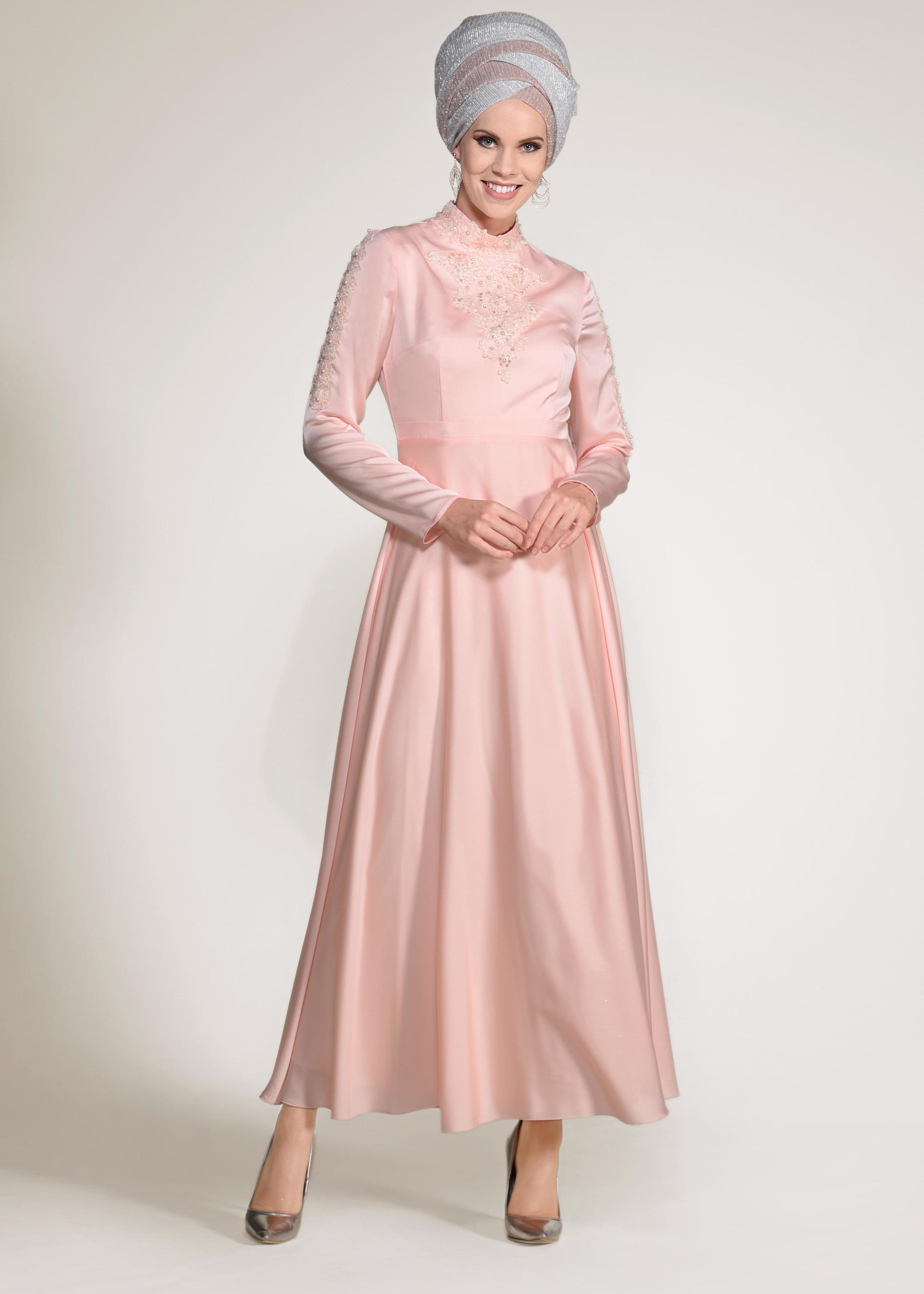 Tesettür giyim PUDRA NAKIŞLI ABİYE ELBİSE 4229 