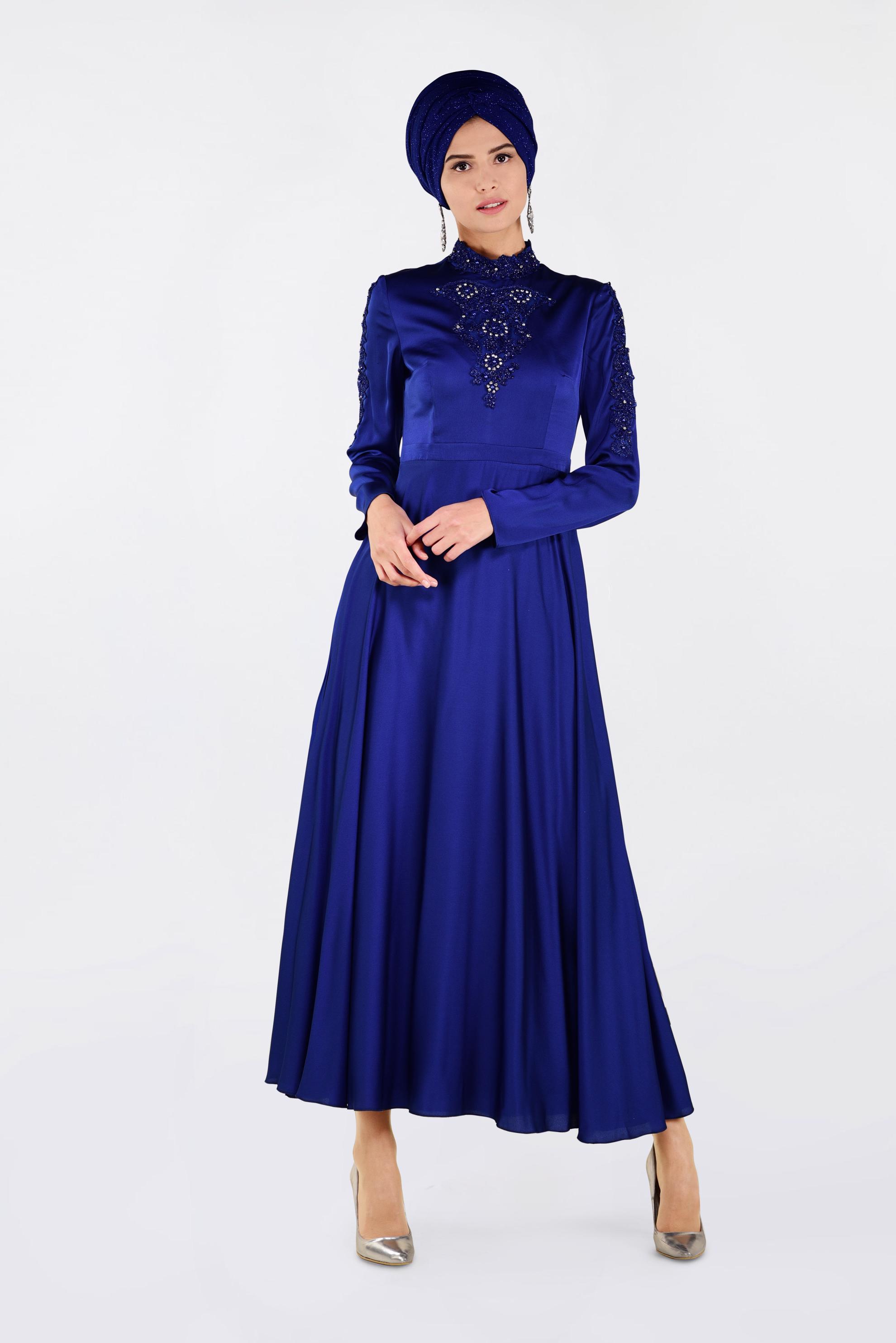 Tesettür giyim LACİVERT NAKIŞLI ABİYE ELBİSE 4229 