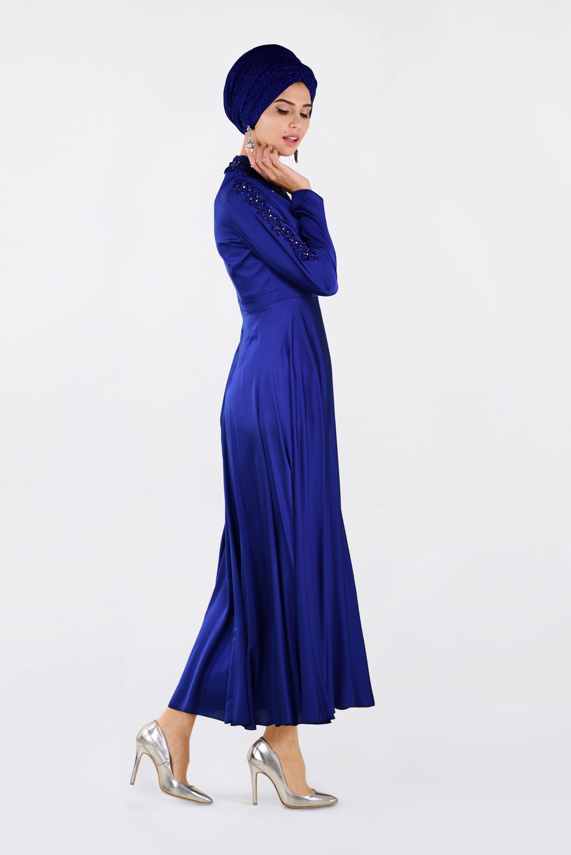 Tesettür giyim LACİVERT NAKIŞLI ABİYE ELBİSE 4229 