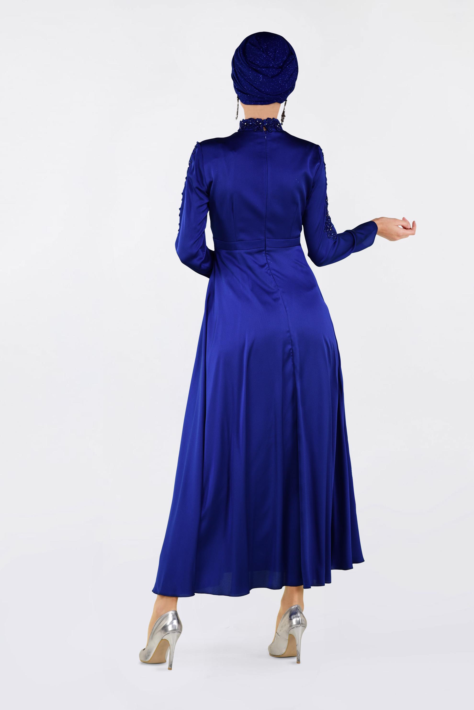 Tesettür giyim LACİVERT NAKIŞLI ABİYE ELBİSE 4229 