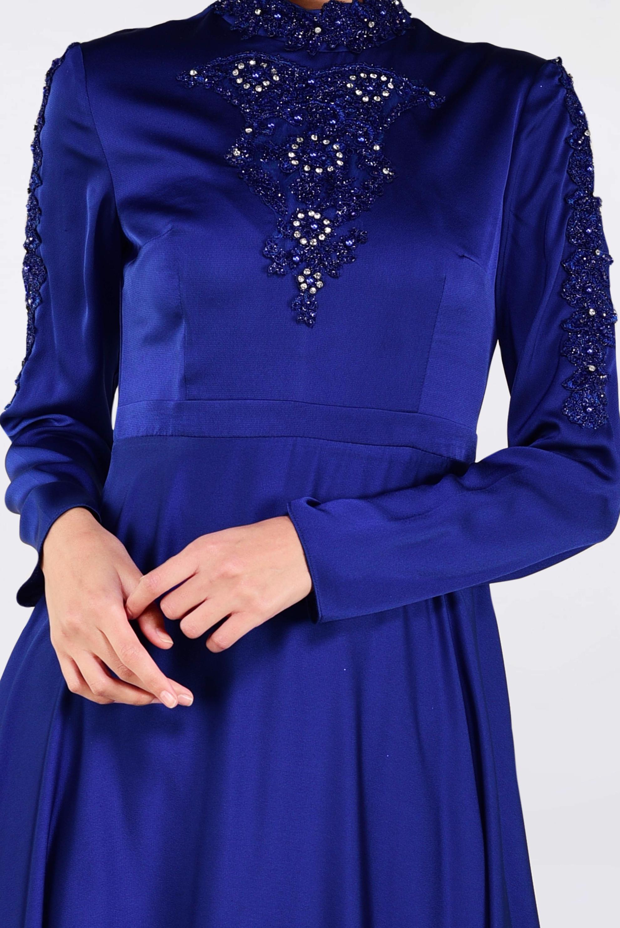 Tesettür giyim LACİVERT NAKIŞLI ABİYE ELBİSE 4229 