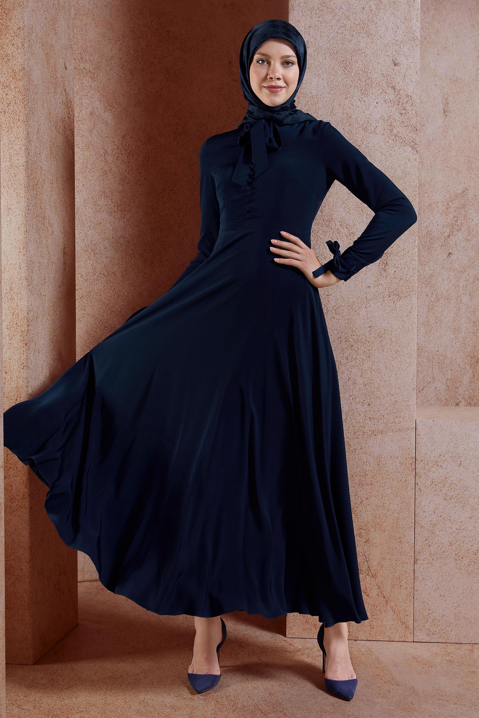 Tesettür giyim LACİVERT YAKASI BAĞCIKLI FERMUARLI ELBİSE 4256