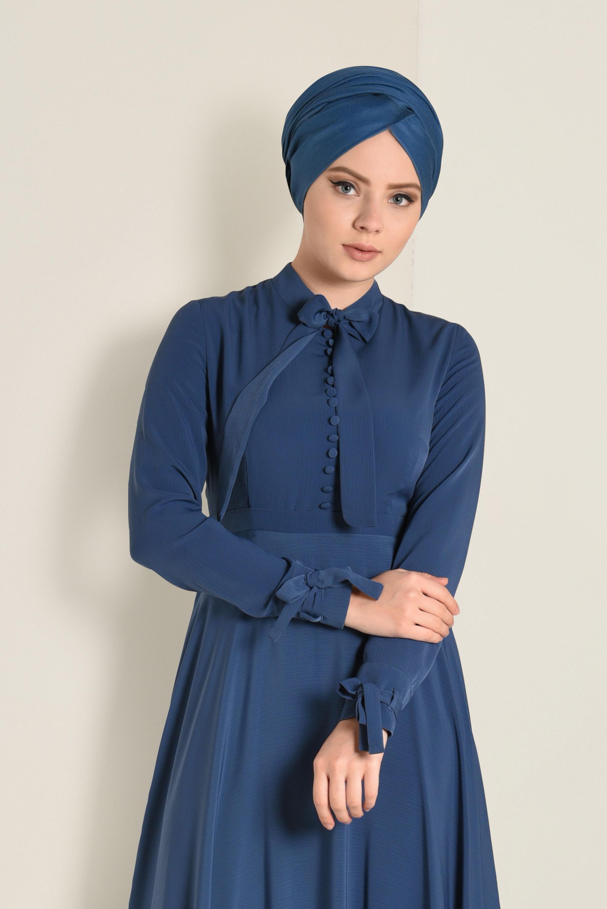 Tesettür giyim LACİVERT YAKASI BAĞCIKLI FERMUARLI ELBİSE 4256