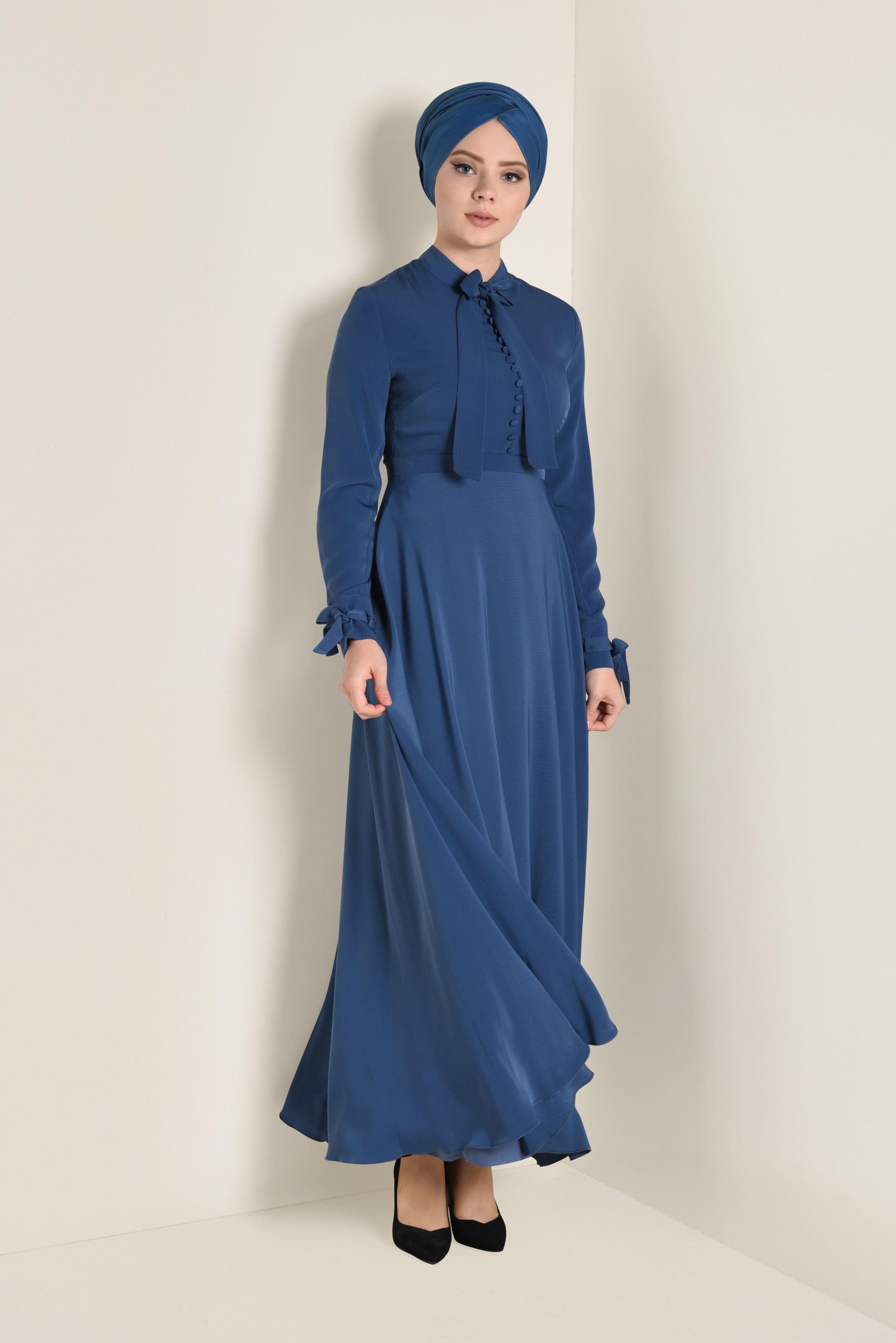 Tesettür giyim LACİVERT YAKASI BAĞCIKLI FERMUARLI ELBİSE 4256