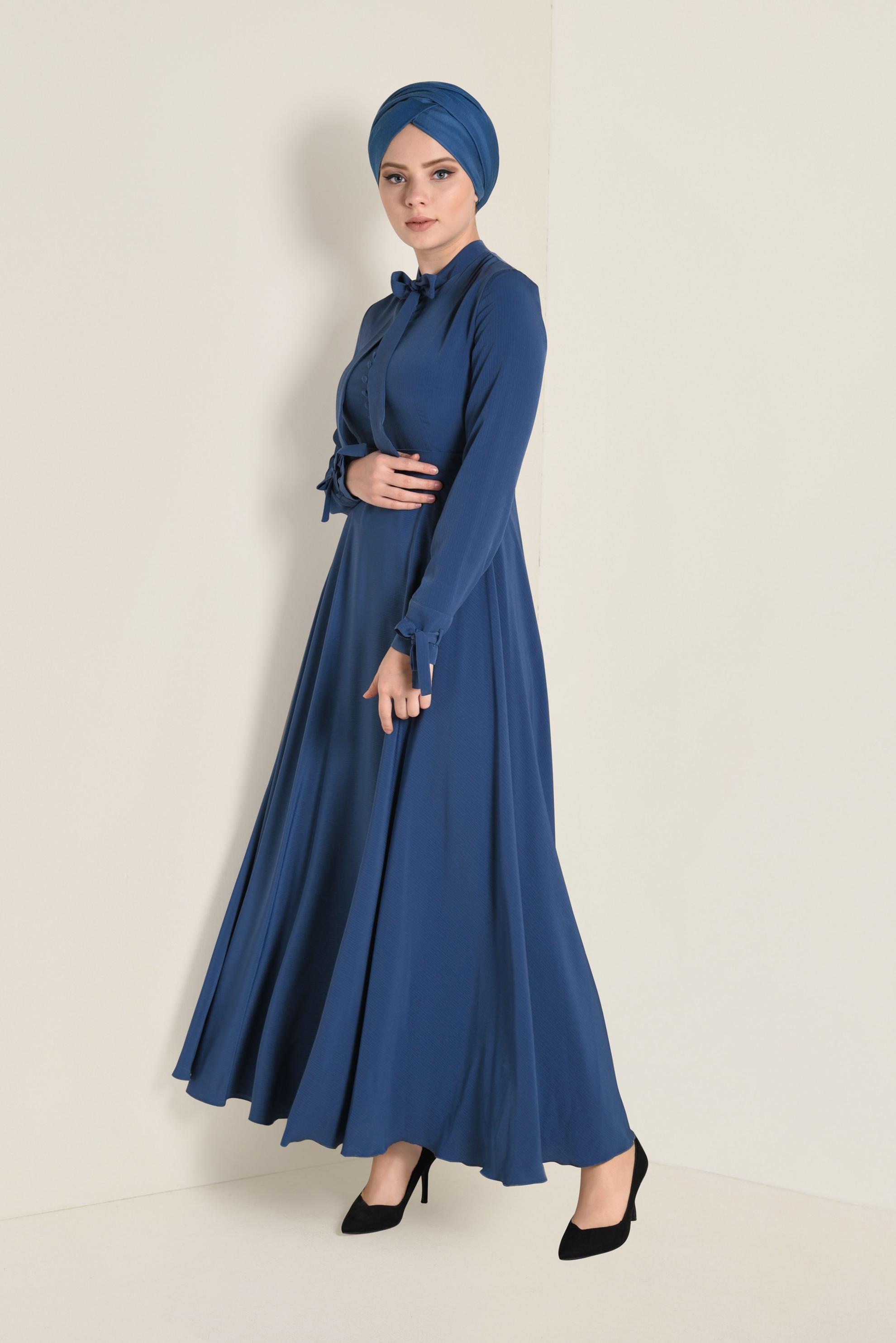 Tesettür giyim LACİVERT YAKASI BAĞCIKLI FERMUARLI ELBİSE 4256