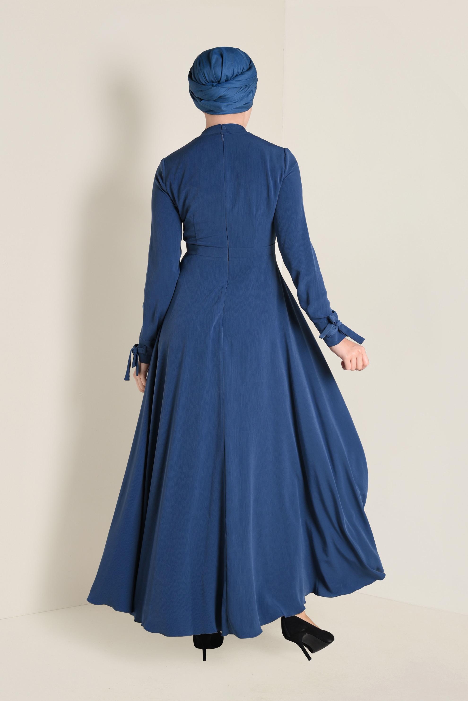 Tesettür giyim LACİVERT YAKASI BAĞCIKLI FERMUARLI ELBİSE 4256