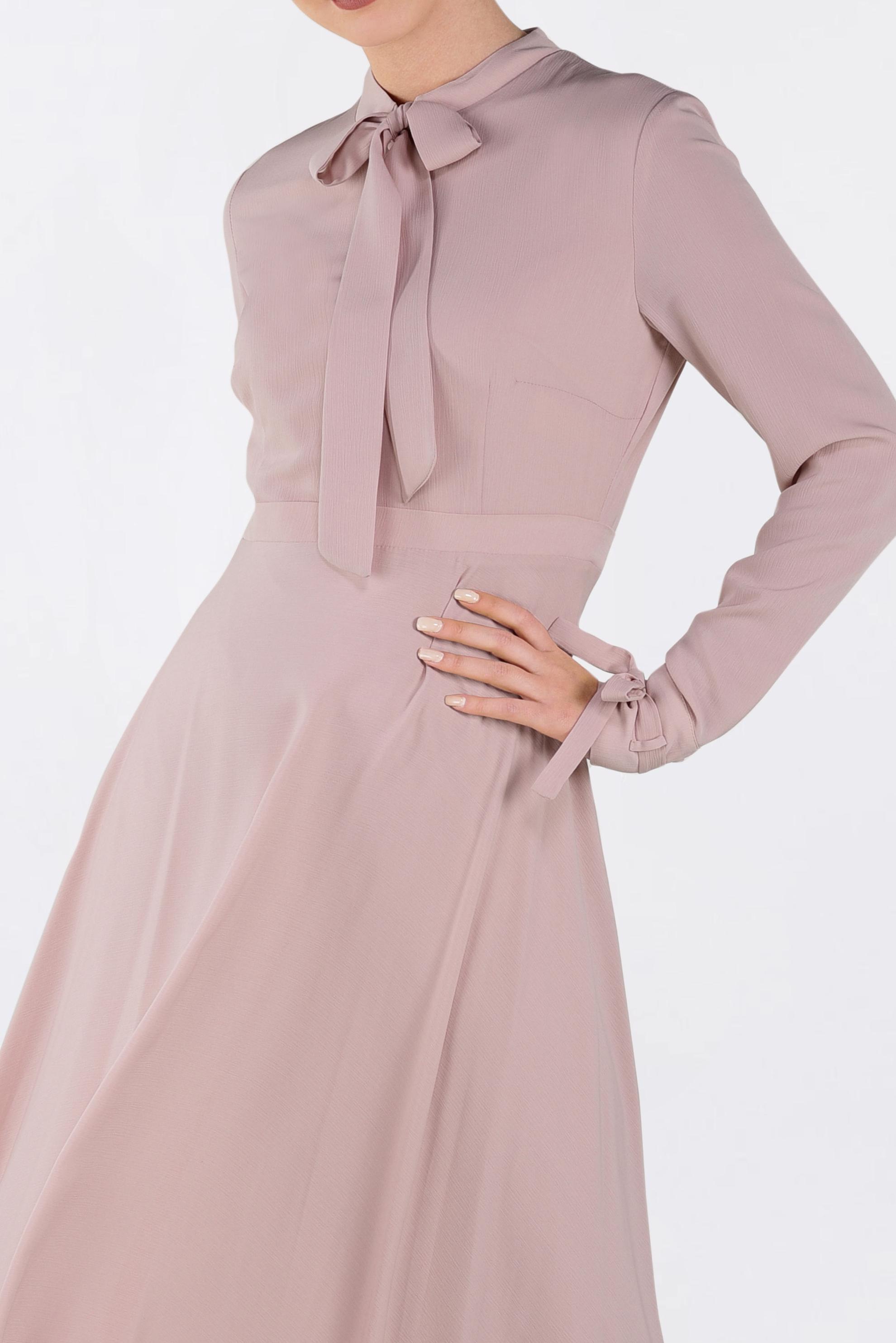 Tesettür giyim PUDRA YAKASI BAĞCIKLI FERMUARLI ELBİSE 4256