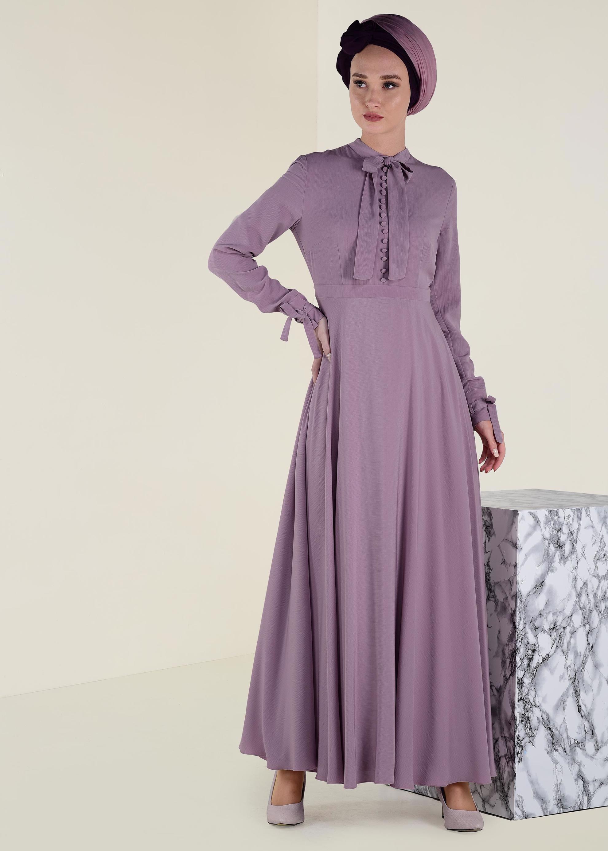 Tesettür giyim PEMBE YAKASI BAĞCIKLI FERMUARLI ELBİSE 4256